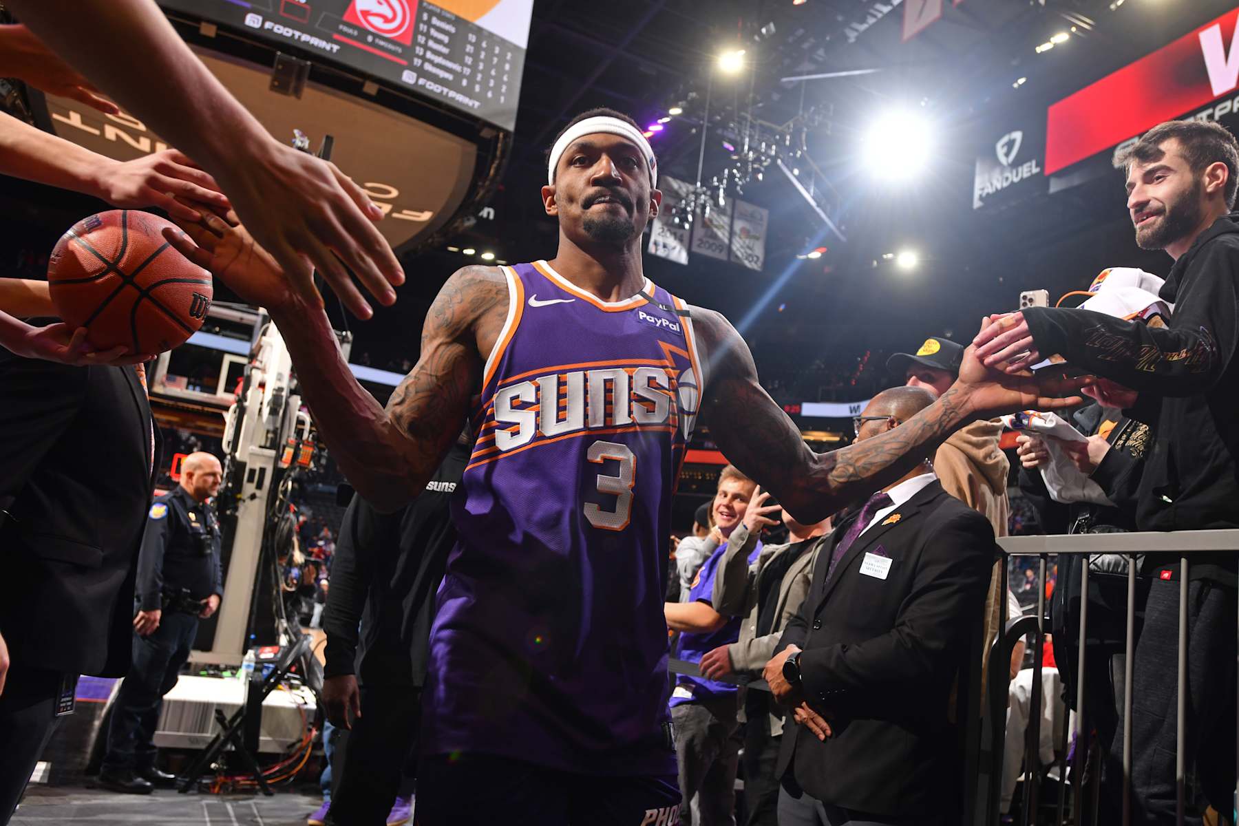 PHOENIX, AZ - JANUARY 9: Bradley Beal #3 of the Phoenix Suns greets the fans after the game against the Atlanta Hawks on January 9, 2025 at Footprint Center in Phoenix, Arizona. NOTE TO USER: User expressly acknowledges and agrees that, by downloading and or using this photograph, user is consenting to the terms and conditions of the Getty Images License Agreement. Mandatory Copyright Notice: Copyright 2025 NBAE (Photo by Barry Gossage/NBAE via Getty Images)