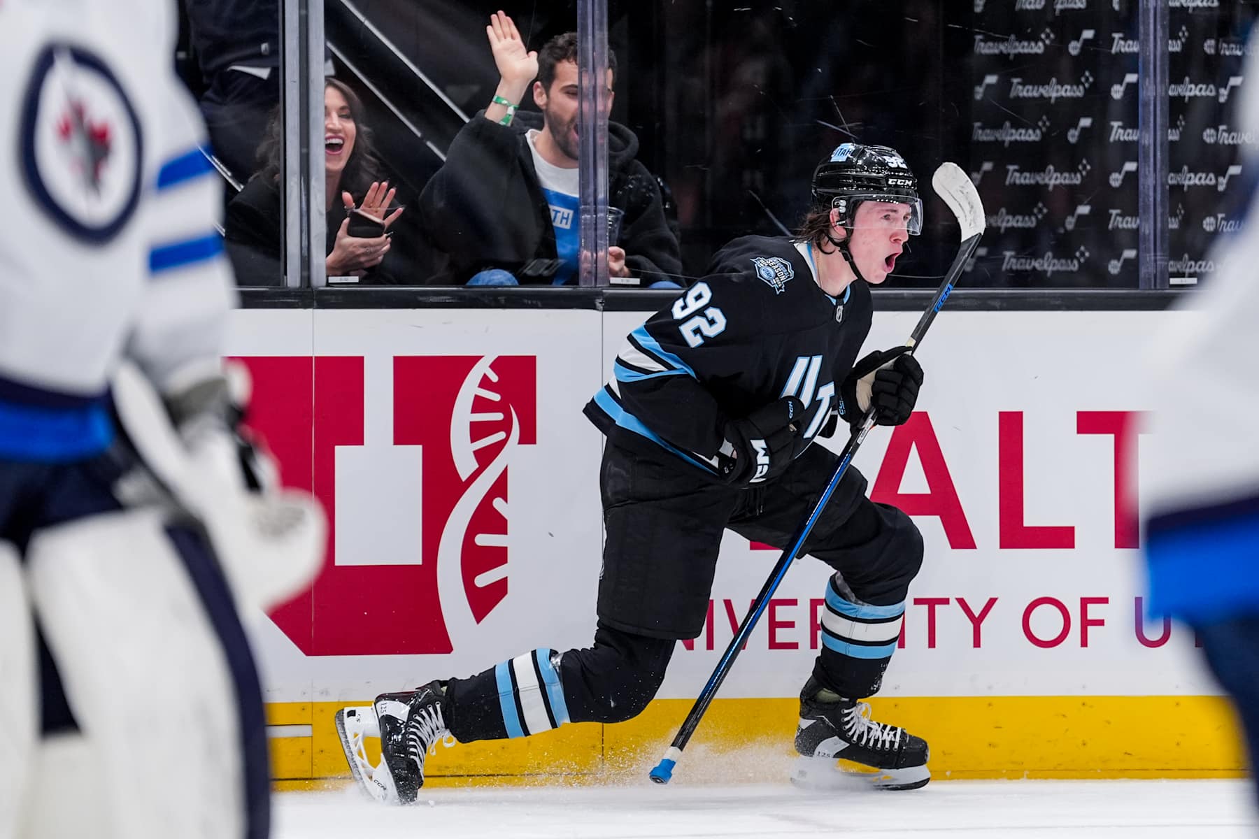 SALT LAKE CITY, UTAH - JANUARY 20: Logan Cooley #92 of the Utah Hockey Club celebrates a goal during the second period against the Winnipeg Jets on January 20, 2025 at Delta Center in Salt Lake City, Utah.  (Photo by Hunter Dyke/NHLI via Getty Images)