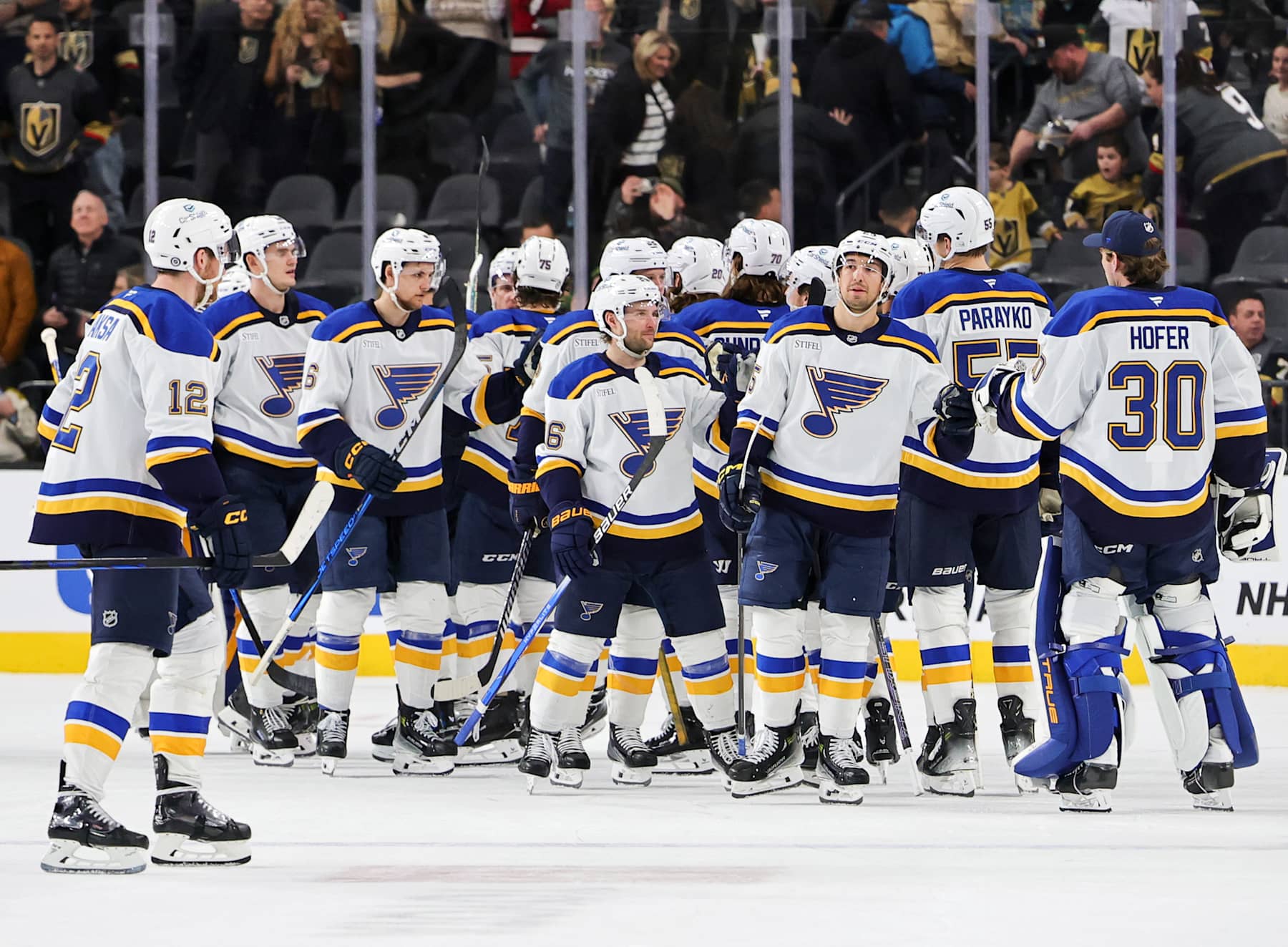 LAS VEGAS, NEVADA - JANUARY 20: The St. Louis Blues celebrate their 5-4 shootout victory over the Vegas Golden Knights at T-Mobile Arena on January 20, 2025 in Las Vegas, Nevada. (Photo by Ethan Miller/Getty Images)