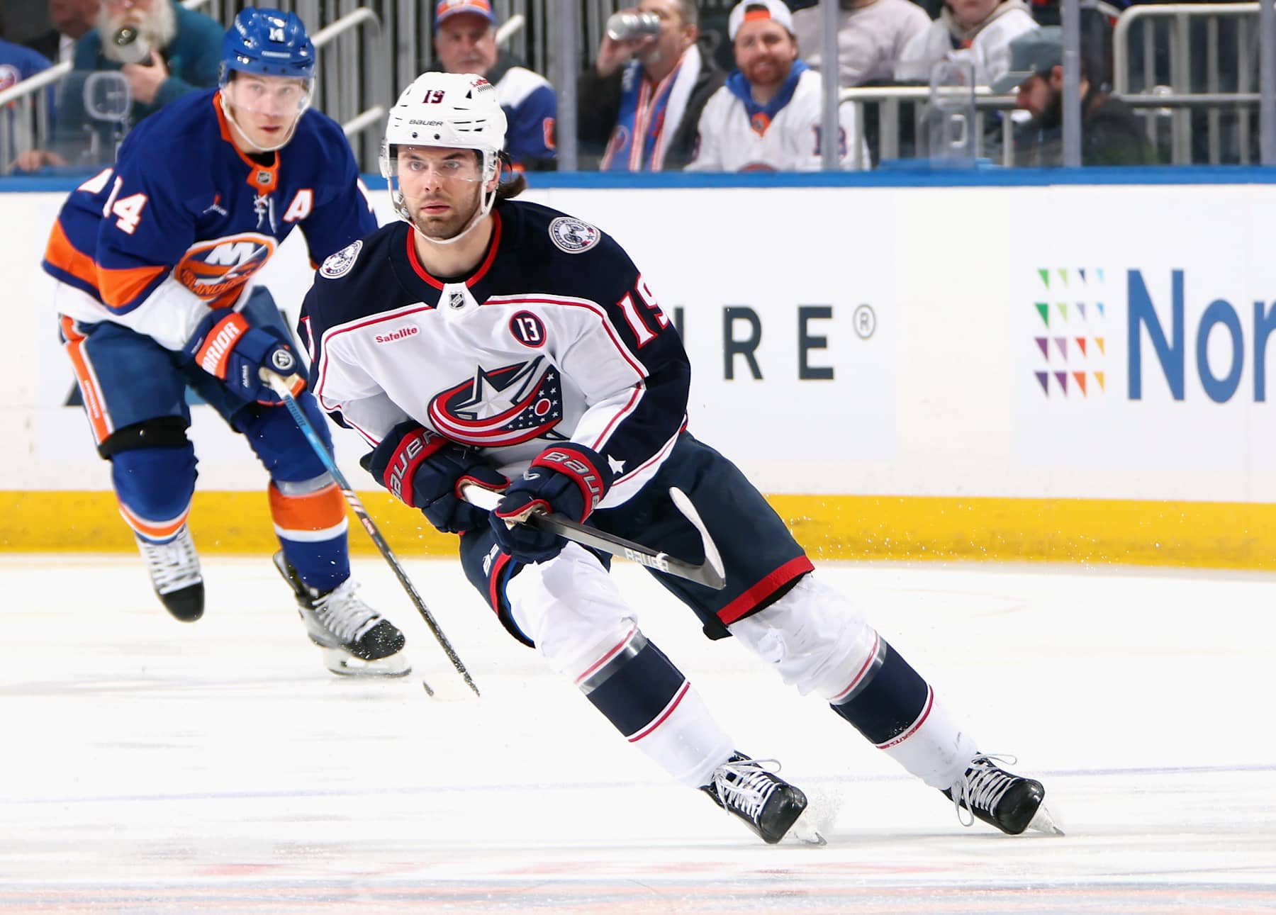 ELMONT, NEW YORK - JANUARY 20: Adam Fantilli #19 of the Columbus Blue Jackets skates against the New York Islanders at UBS Arena on January 20, 2025 in Elmont, New York. (Photo by Bruce Bennett/Getty Images)