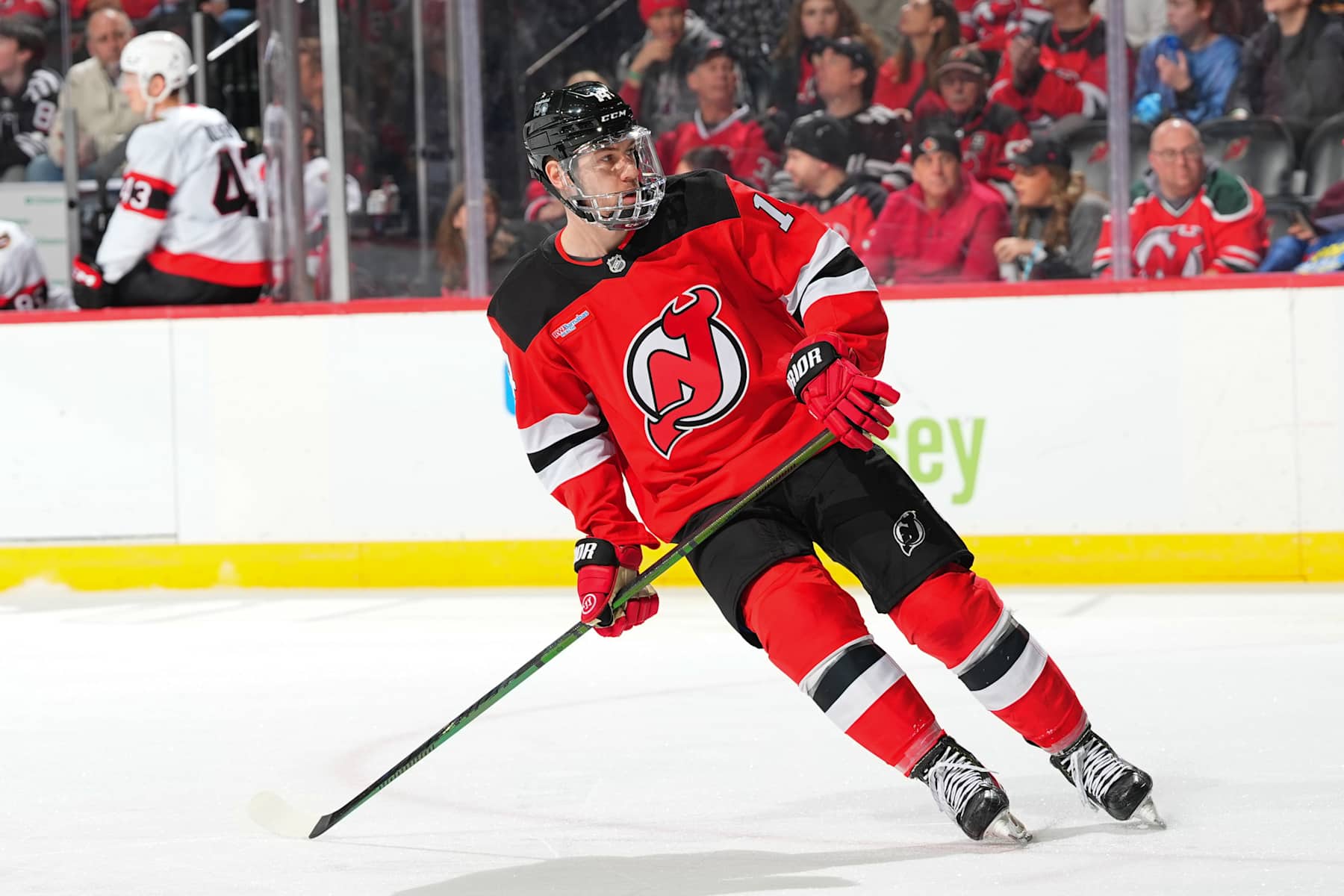 NEWARK, NJ - JANUARY 19:  Nathan Bastian #14 of the New Jersey Devils skates in the third period of the game against the Ottawa Senators at the Prudential Center on January 19, 2025 in Newark, New Jersey.  (Photo by Rich Graessle/NHLI via Getty Images)