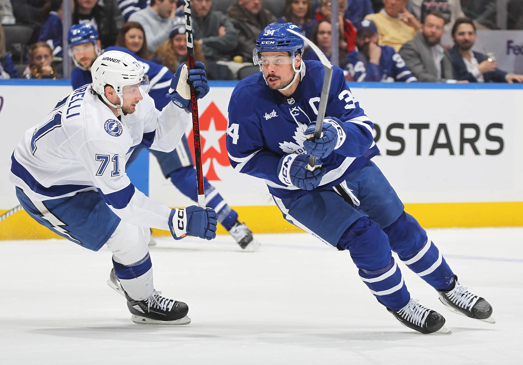 TORONTO, CANADA - JANUARY 20: Anthony Cirelli #71 of the Tampa Bay Lightning skates against Auston Matthews #34 of the Toronto Maple Leafs during the second period in an NHL game at Scotiabank Arena on January 20, 2025 in Toronto, Ontario, Canada. (Photo by Claus Andersen/Getty Images)