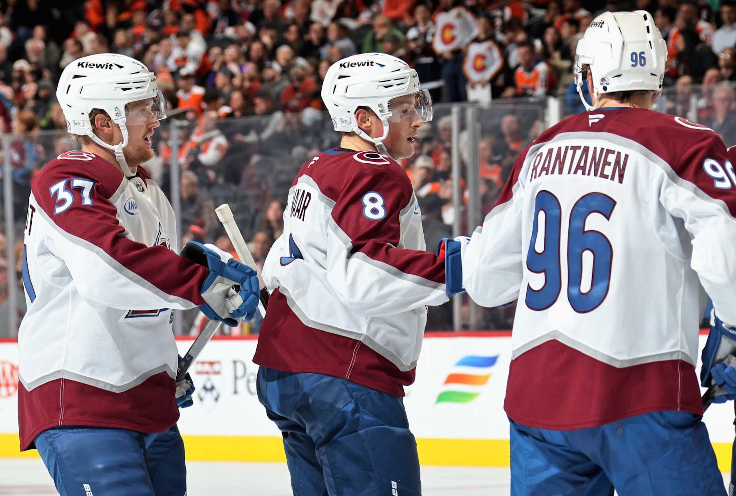 PHILADELPHIA, PENNSYLVANIA - NOVEMBER 18: Cale Makar #8 of the Colorado Avalanche celebrates his second period power-play goal against the Philadelphia Flyers with Casey Mittelstadt #37 and Mikko Rantanen #96 at the Wells Fargo Center on November 18, 2024 in Philadelphia, Pennsylvania. The goal was Makar's second of the game. (Photo by Len Redkoles/NHLI via Getty Images) PHILADELPHIA, PENNSYLVANIA - NOVEMBER 18: Cale Makar #8 of the Colorado Avalanche celebrates his second period power-play goal against the Philadelphia Flyers with Casey Mittelstadt #37 and Mikko Rantanen #96 at the Wells Fargo Center on November 18, 2024 in Philadelphia, Pennsylvania. The goal was Makar's second of the game. (Photo by Len Redkoles/NHLI via Getty Images)