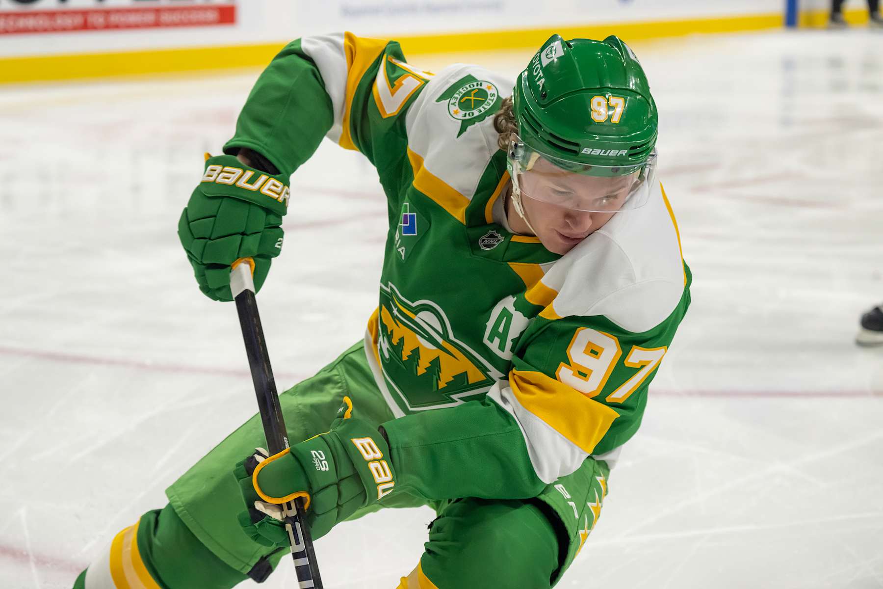 ST. PAUL, MN - DECEMBER 23: Minnesota Wild forward Kirill Kaprizov (97) controls the puck during the first period of an NHL game between the Minnesota Wild and Chicago Blackhawks on December 23, 2024, at Xcel Energy Center in St. Paul, MN. (Photo by Nick Wosika/Icon Sportswire via Getty Images)