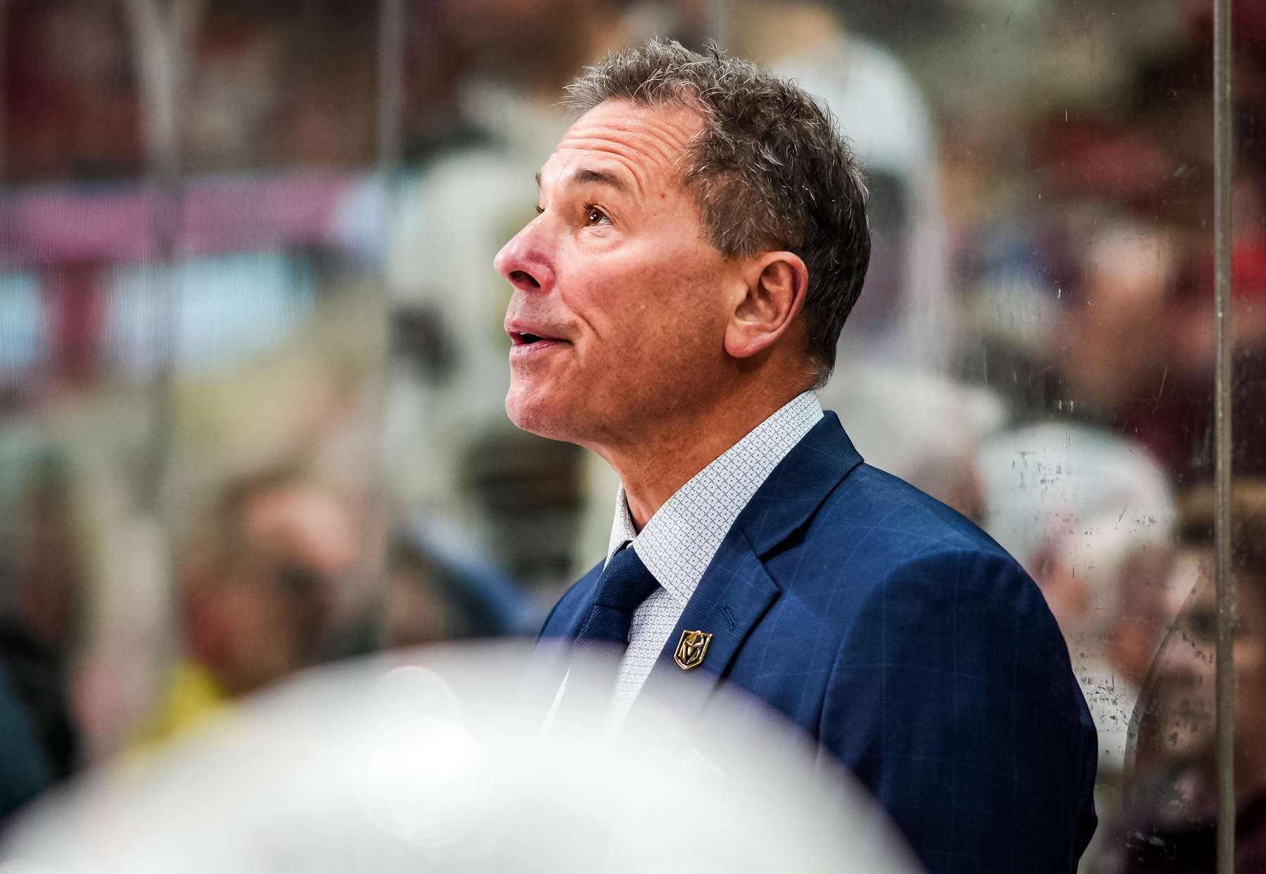RALEIGH, NORTH CAROLINA - JANUARY 17:  Head coach Bruce Cassidy of the Vegas Golden Knights looks on during the second period against the Carolina Hurricanes at Lenovo Center on January 17, 2025 in Raleigh, North Carolina.  (Photo by Josh Lavallee/NHLI via Getty Images)