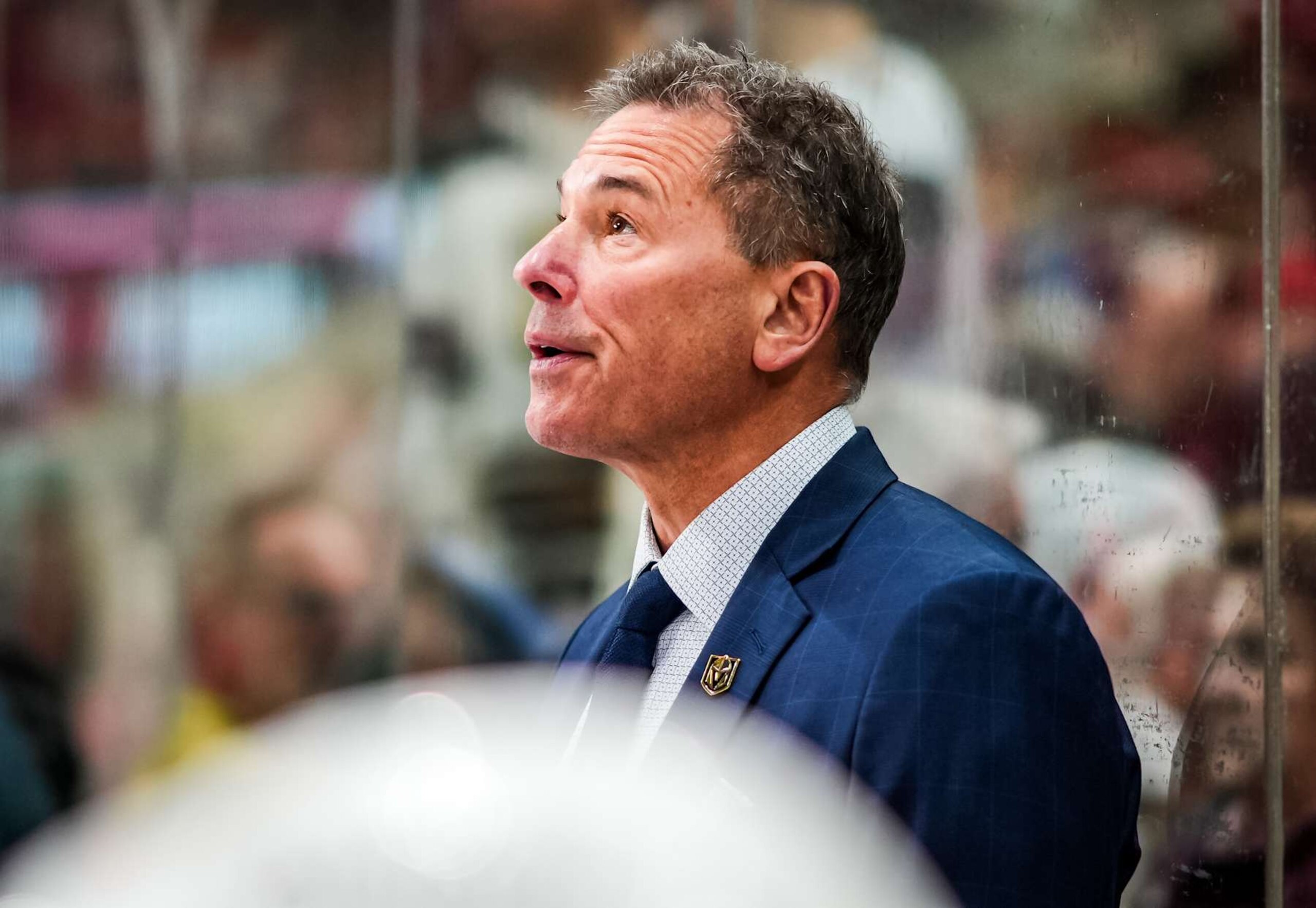 RALEIGH, NORTH CAROLINA - JANUARY 17: Head coach Bruce Cassidy of the Vegas Golden Knights looks on during the second period against the Carolina Hurricanes at Lenovo Center on January 17, 2025 in Raleigh, North Carolina. (Photo by Josh Lavallee/NHLI via Getty Images) RALEIGH, NORTH CAROLINA - JANUARY 17: Head coach Bruce Cassidy of the Vegas Golden Knights looks on during the second period against the Carolina Hurricanes at Lenovo Center on January 17, 2025 in Raleigh, North Carolina. (Photo by Josh Lavallee/NHLI via Getty Images)