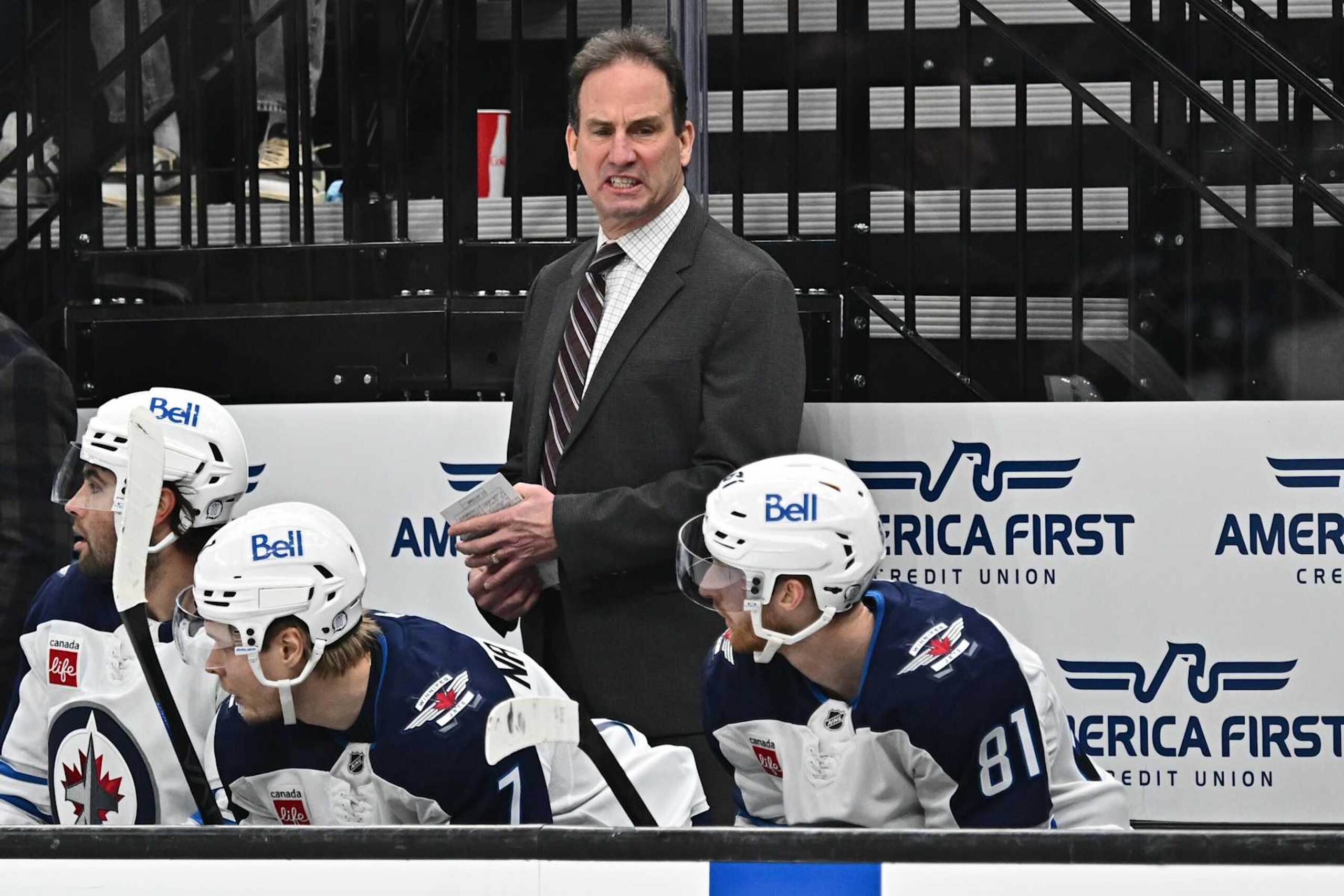 SALT LAKE CITY, UTAH - JANUARY 20: Head Coach Scott Arniel of the Winnipeg Jets talks to his team on the bench during the second period against the Utah Hockey Club on January 20, 2025 at Delta Center in Salt Lake City, Utah. (Photo by Jamie Sabau/NHLI via Getty Images) SALT LAKE CITY, UTAH - JANUARY 20: Head Coach Scott Arniel of the Winnipeg Jets talks to his team on the bench during the second period against the Utah Hockey Club on January 20, 2025 at Delta Center in Salt Lake City, Utah. (Photo by Jamie Sabau/NHLI via Getty Images)