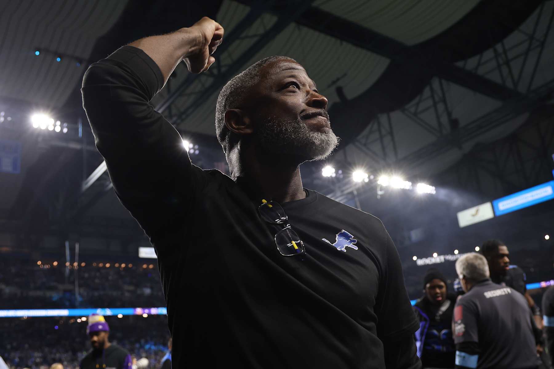 DETROIT, MICHIGAN - JANUARY 05: Defensive coordinator Aaron Glenn of the Detroit Lions walks off the field after the game against the Minnesota Vikings at Ford Field on January 05, 2025 in Detroit, Michigan. (Photo by Gregory Shamus/Getty Images)