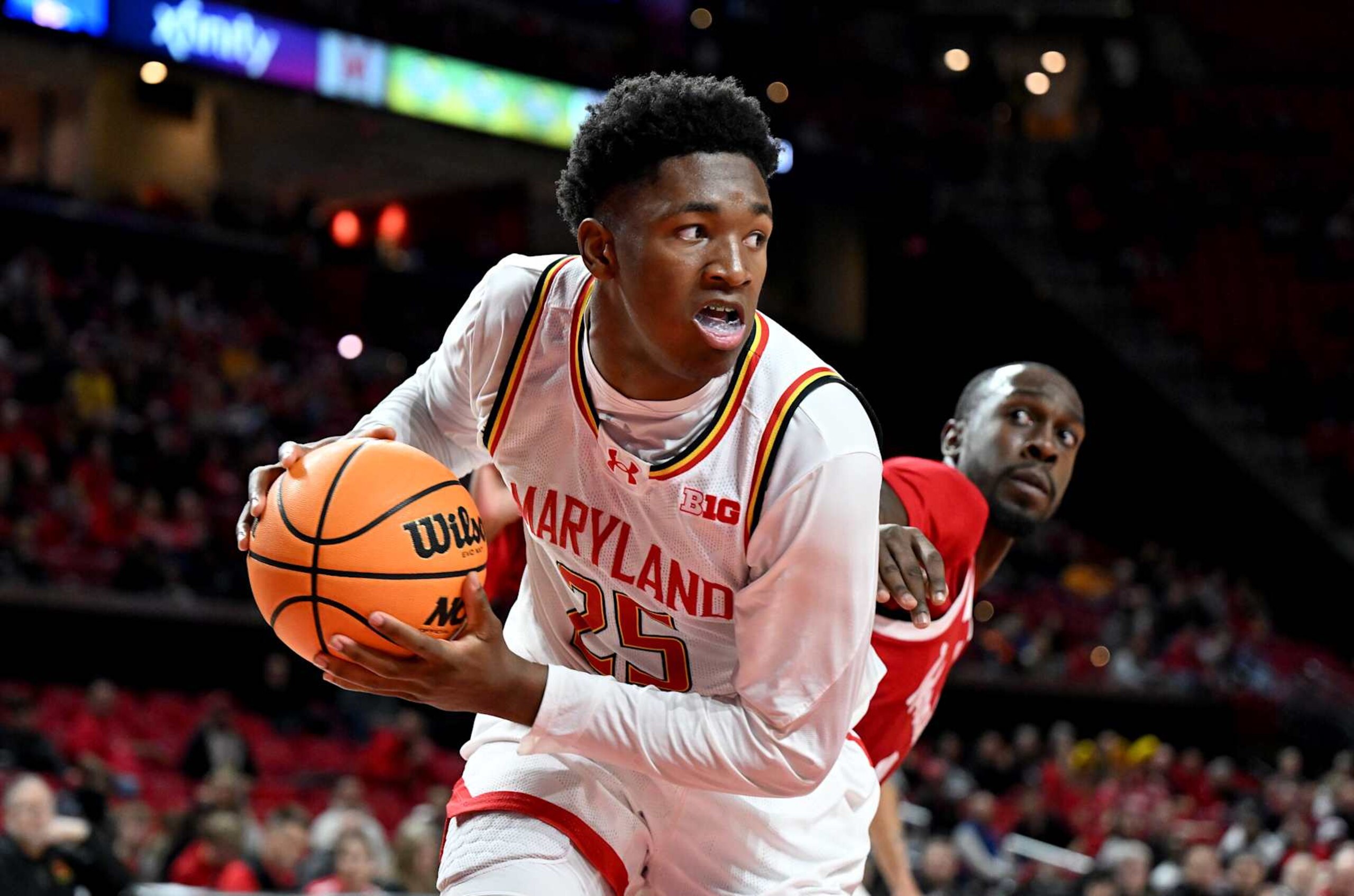 COLLEGE PARK, MARYLAND - JANUARY 19: Derik Queen #25 of the Maryland Terrapins grabs a rebound against the Nebraska Cornhuskers at Xfinity Center on January 19, 2025 in College Park, Maryland. (Photo by G Fiume/Getty Images)