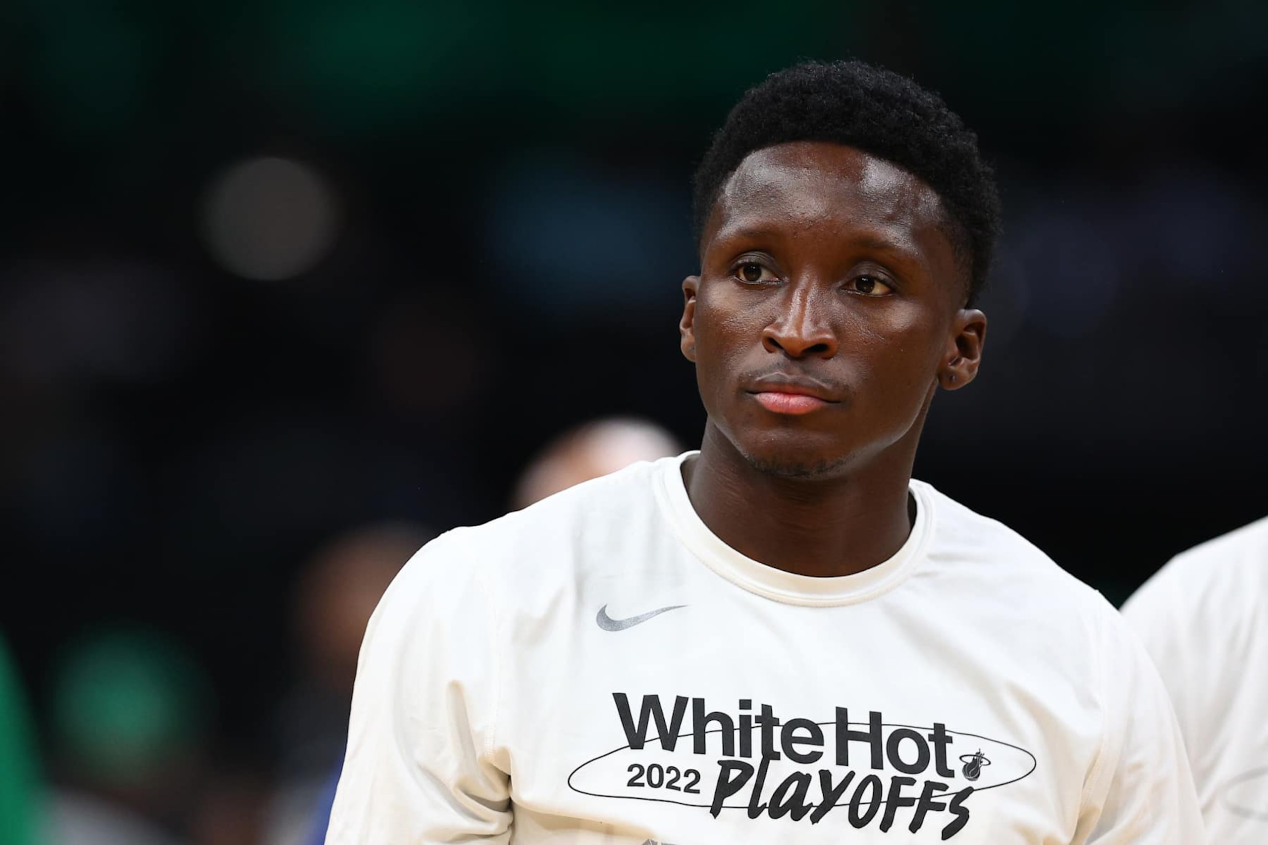BOSTON, MASSACHUSETTS - MAY 21: Victor Oladipo #4 of the Miami Heat warms up before Game Three of the 2022 NBA Playoffs Eastern Conference Finals against the Boston Celtics at TD Garden on May 21, 2022 in Boston, Massachusetts. NOTE TO USER: User expressly acknowledges and agrees that, by downloading and/or using this photograph, User is consenting to the terms and conditions of the Getty Images License Agreement.  (Photo by Elsa/Getty Images)