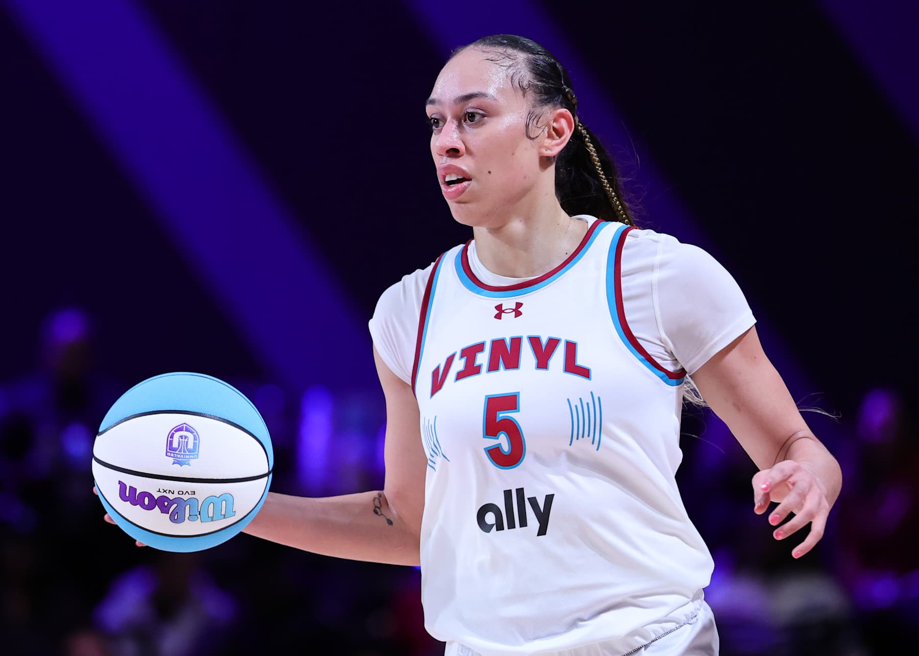 MEDLEY, FLORIDA - JANUARY 17: Dearica Hamby #5 of the Vinyl controls the ball against Rose during the first half at The Mediapro Studio on January 17, 2025 in Medley, Florida. (Photo by Carmen Mandato/Getty Images)