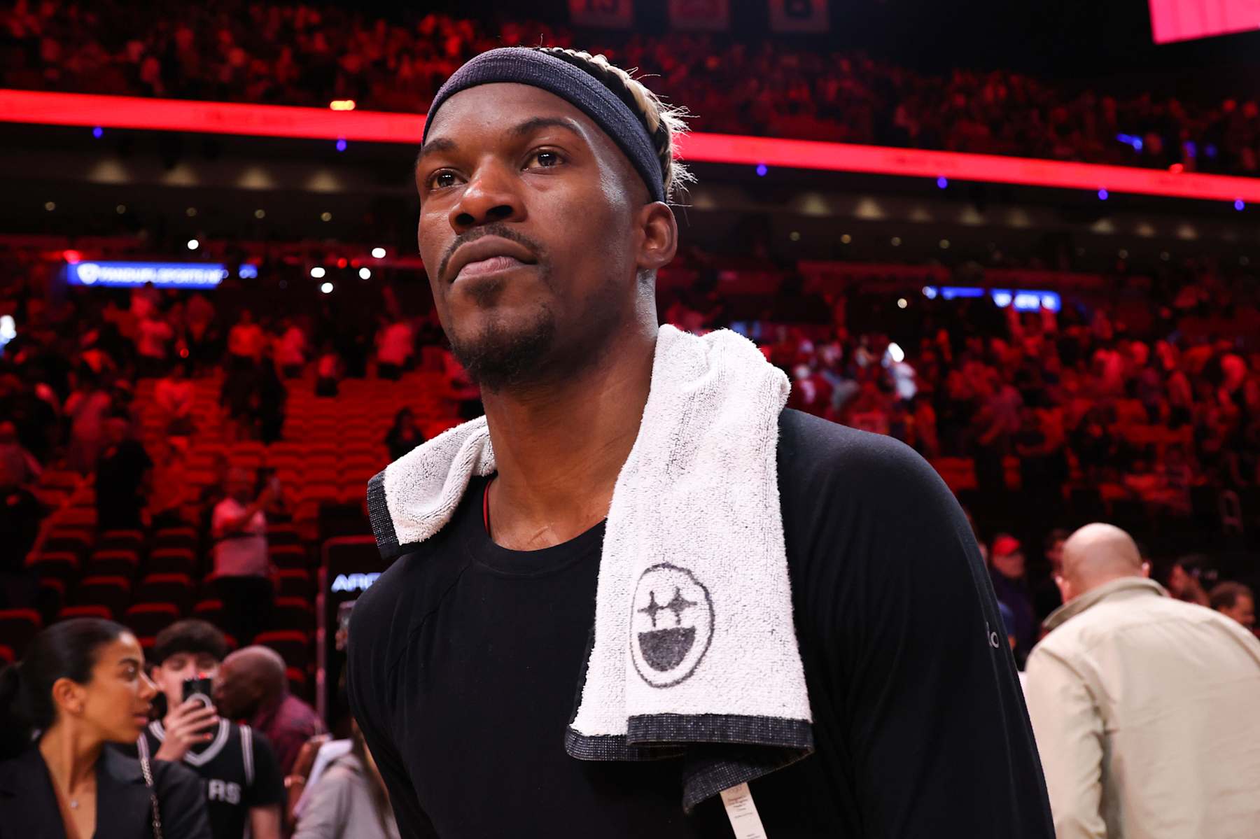 MIAMI, FLORIDA - JANUARY 19: Jimmy Butler #22 of the Miami Heat walks off the court after defeating the San Antonio Spurs at Kaseya Center on January 19, 2025 in Miami, Florida. NOTE TO USER: User expressly acknowledges and agrees that, by downloading and or using this photograph, User is consenting to the terms and conditions of the Getty Images License Agreement. (Photo by Megan Briggs/Getty Images)