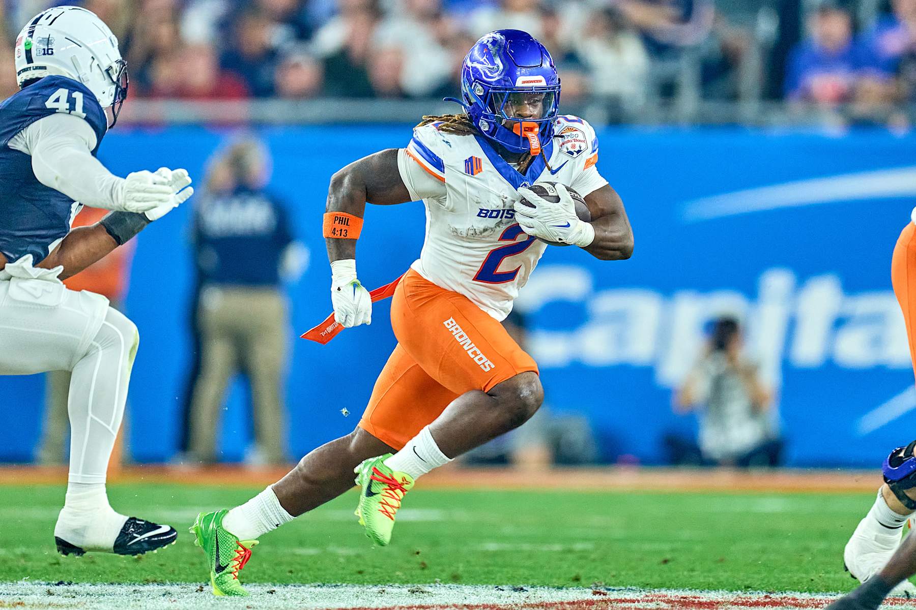 GLENDALE, ARIZONA - DECEMBER 31: Boise State Broncos running back Ashton Jeanty (2) runs with the football in action during the 2024 Vrbo Fiesta Bowl between the Penn State Nittany Lions and Boise State Broncos at State Farm Stadium on December 31, 2024 in Glendale, Arizona. (Photo by Robin Alam/ISI Photos/Getty Images)