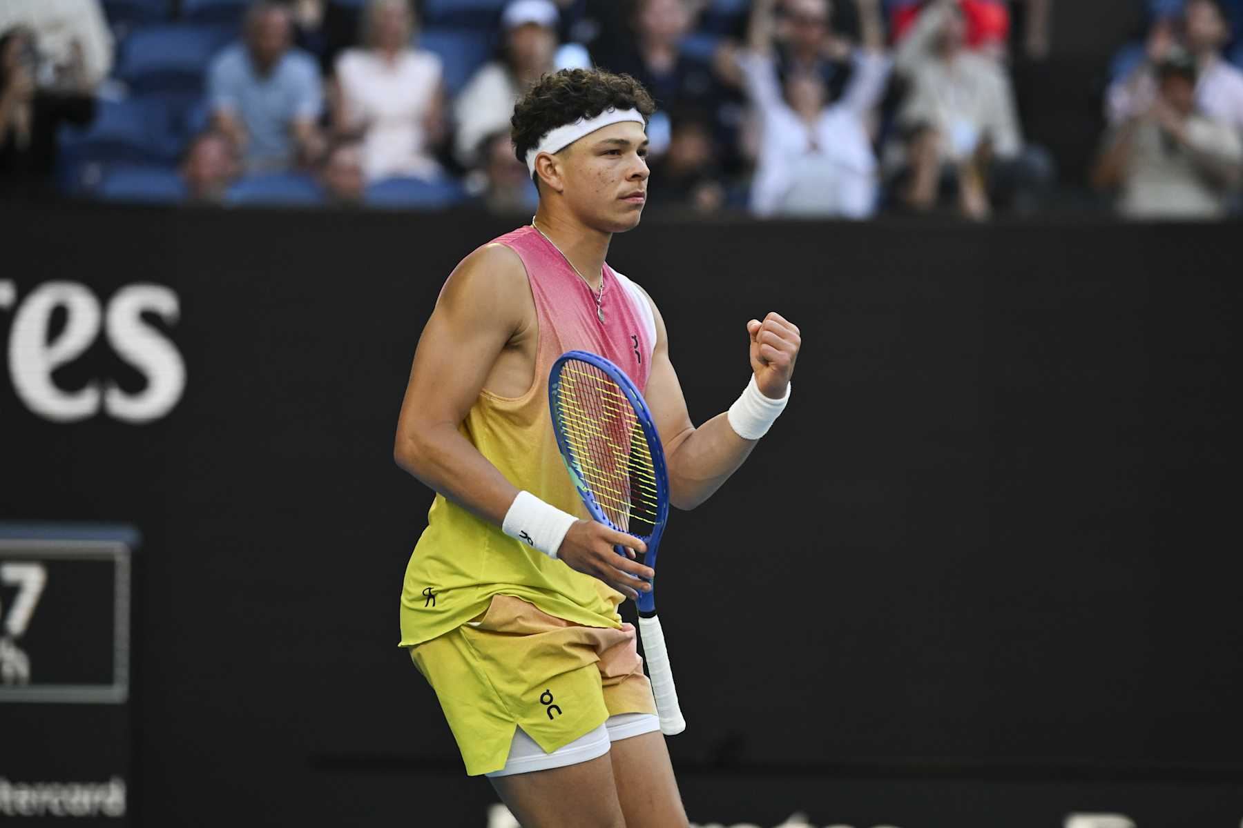 MELBOURNE, AUSTRALIA - JANUARY 22: Ben Shelton of United States of America in action against Lorenzo Sonego of Italy (not seen) during the Quarter Finals at the Australian Open grand slam tennis tournament at Melbourne Park in Melbourne, Australia on January 22, 2025 (Photo by Mark Avellino/Anadolu via Getty Images)