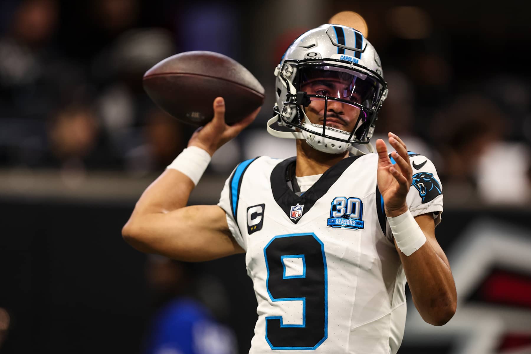 ATLANTA, GEORGIA - JANUARY 05: Bryce Young #9 of the Carolina Panthers warms up prior to an NFL football game against the Atlanta Falcons at Mercedes-Benz Stadium on January 5, 2025 in Atlanta, Georgia. (Photo by Perry Knotts/Getty Images)