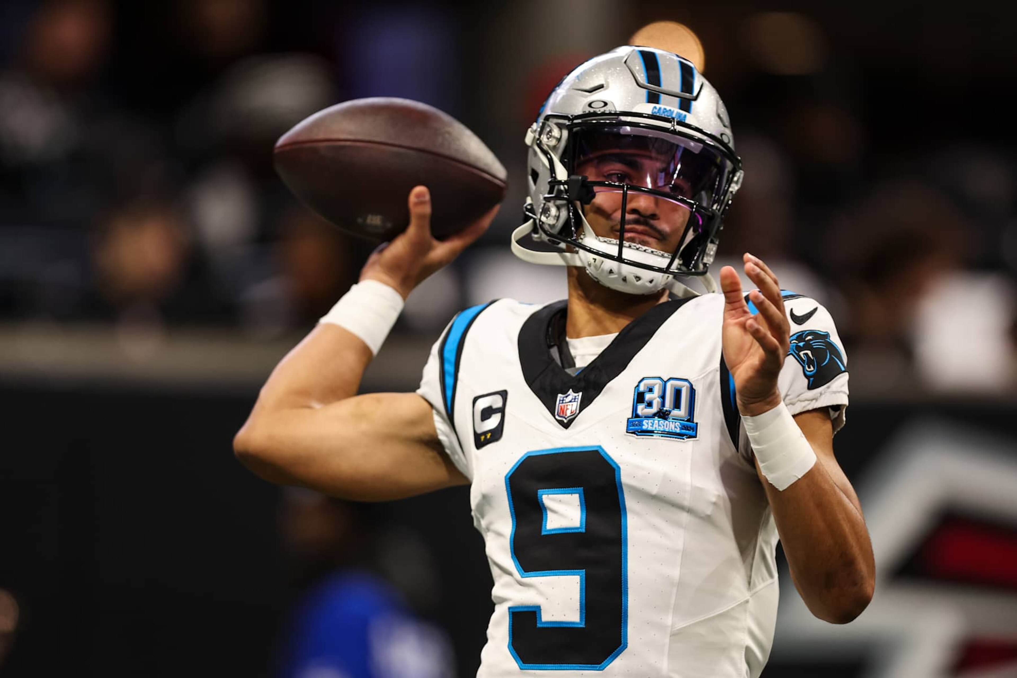 ATLANTA, GEORGIA - JANUARY 05: Bryce Young #9 of the Carolina Panthers warms up prior to an NFL football game against the Atlanta Falcons at Mercedes-Benz Stadium on January 5, 2025 in Atlanta, Georgia. (Photo by Perry Knotts/Getty Images) ATLANTA, GEORGIA - JANUARY 05: Bryce Young #9 of the Carolina Panthers warms up prior to an NFL football game against the Atlanta Falcons at Mercedes-Benz Stadium on January 5, 2025 in Atlanta, Georgia. (Photo by Perry Knotts/Getty Images)