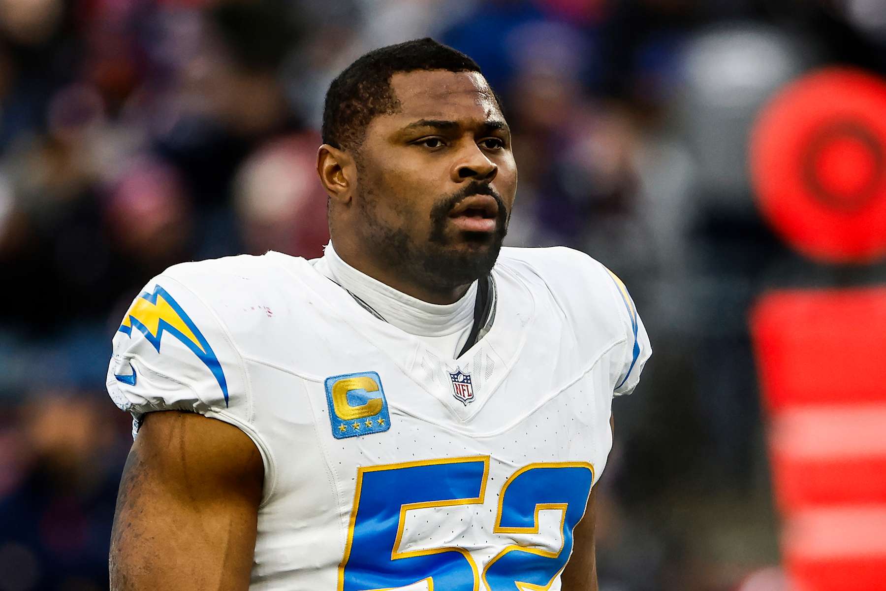 FOXBOROUGH, MA - DECEMBER 28: Khalil Mack #52 of the Los Angeles Chargers during the game against the New England Patriots at Gillette Stadium on December 28, 2024 in Foxborough, Massachusetts.(Photo By Winslow Townson/Getty Images) FOXBOROUGH, MA - DECEMBER 28: Khalil Mack #52 of the Los Angeles Chargers during the game against the New England Patriots at Gillette Stadium on December 28, 2024 in Foxborough, Massachusetts.(Photo By Winslow Townson/Getty Images)