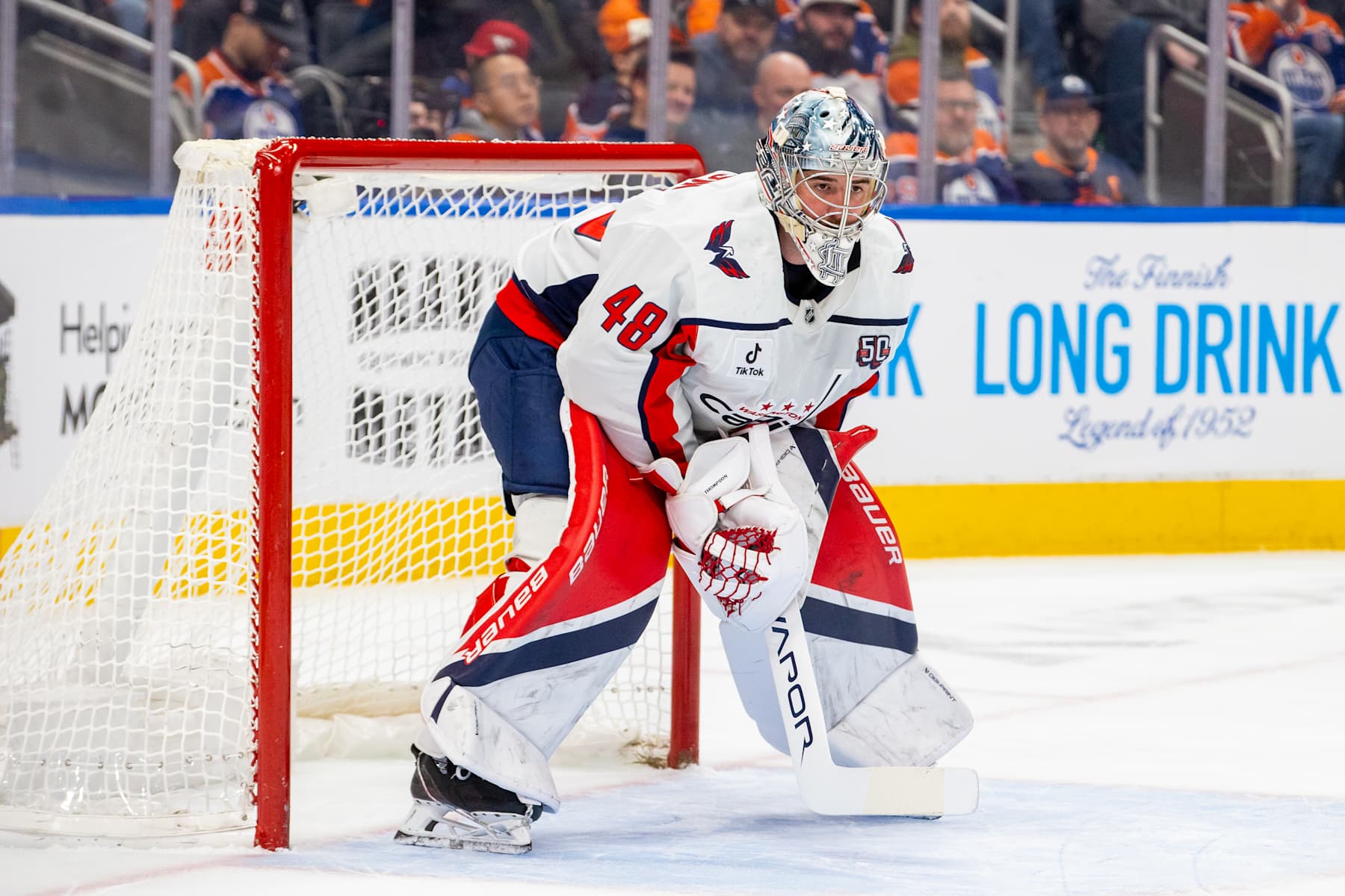 EDMONTON, AB - JANUARY 21 Washington Capitals Goalie Logan Thompson (48) keeps an eye on the puck in the first period of the Edmonton Oilers game versus the Washington Capitals on January 21, 2025 at Rogers Place in Edmonton, AB. (Photo by Curtis Comeau/Icon Sportswire via Getty Images)