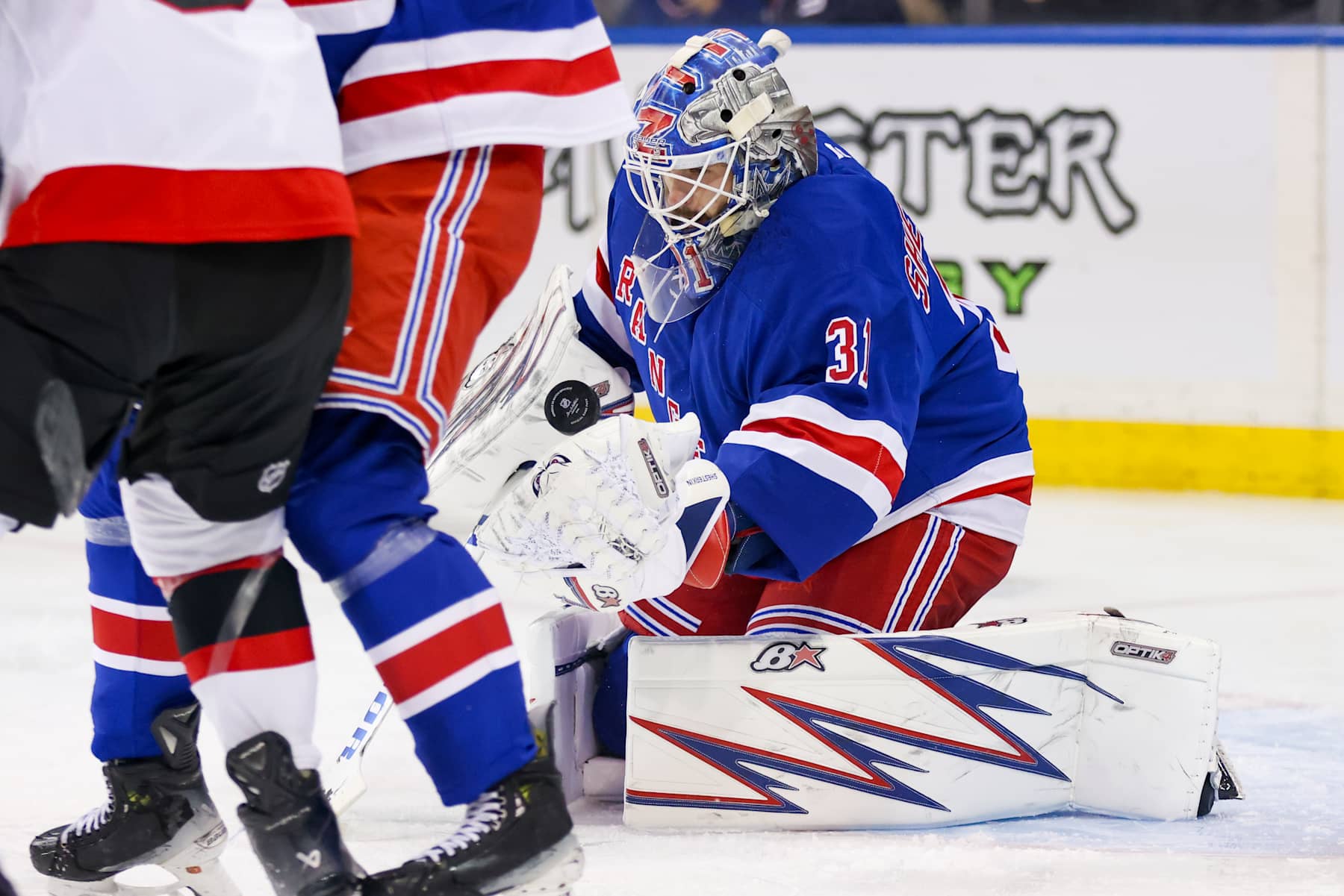 NEW YORK, NY - JANUARY 21: New York Rangers Goalie Igor Shesterkin (31) makes a save during the first period of the National Hockey League game between the Ottawa Senators and the New York Rangers on January 21, 2025 at Madison Square Garden in New York, NY. (Photo by Joshua Sarner/Icon Sportswire via Getty Images)