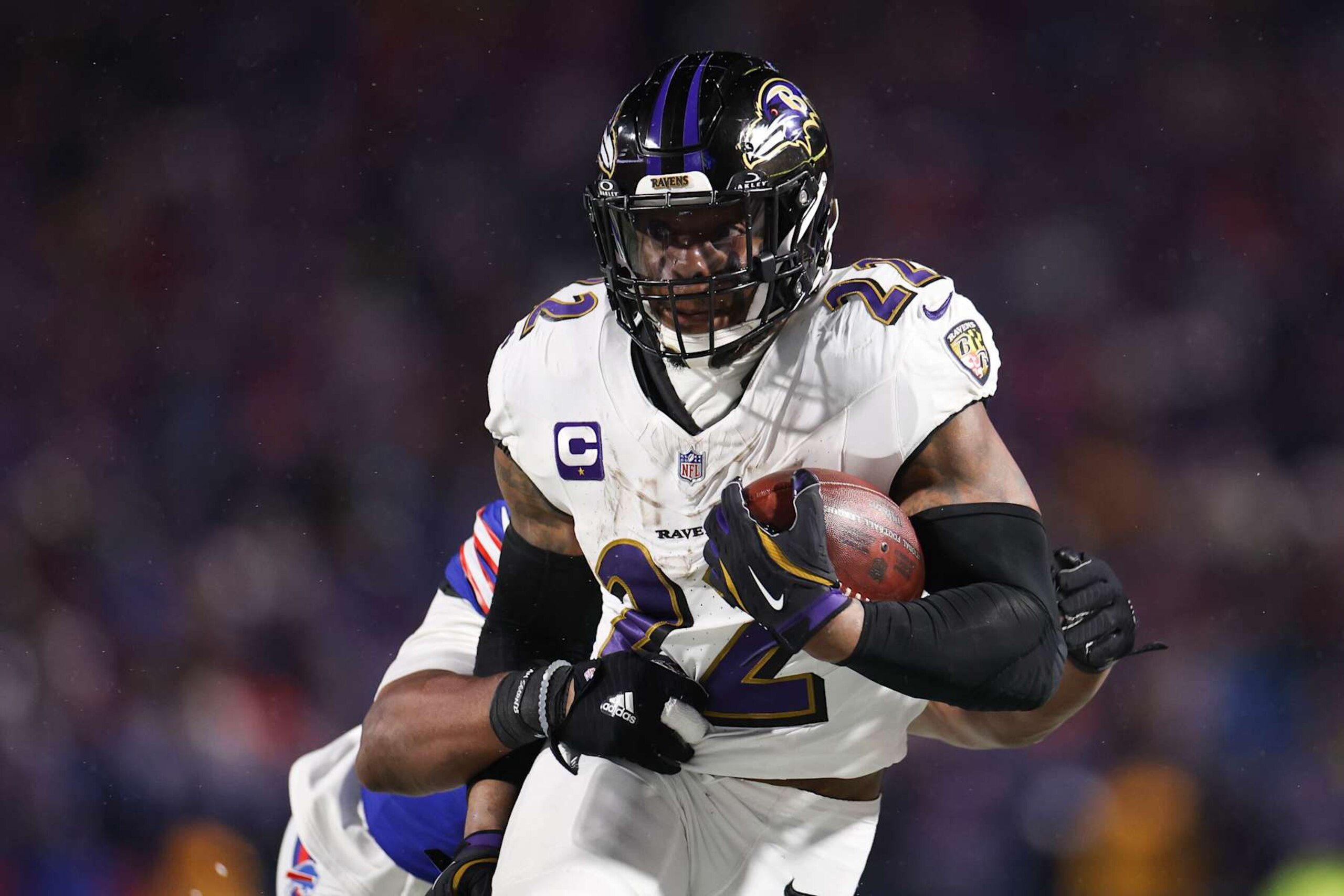ORCHARD PARK, NEW YORK - JANUARY 19: Derrick Henry #22 of the Baltimore Ravens runs with the football during the third quarter in the AFC Divisional Playoff against the Buffalo Bills at Highmark Stadium on January 19, 2025 in Orchard Park, New York. (Photo by Kathryn Riley/Getty Images) ORCHARD PARK, NEW YORK - JANUARY 19: Derrick Henry #22 of the Baltimore Ravens runs with the football during the third quarter in the AFC Divisional Playoff against the Buffalo Bills at Highmark Stadium on January 19, 2025 in Orchard Park, New York. (Photo by Kathryn Riley/Getty Images)