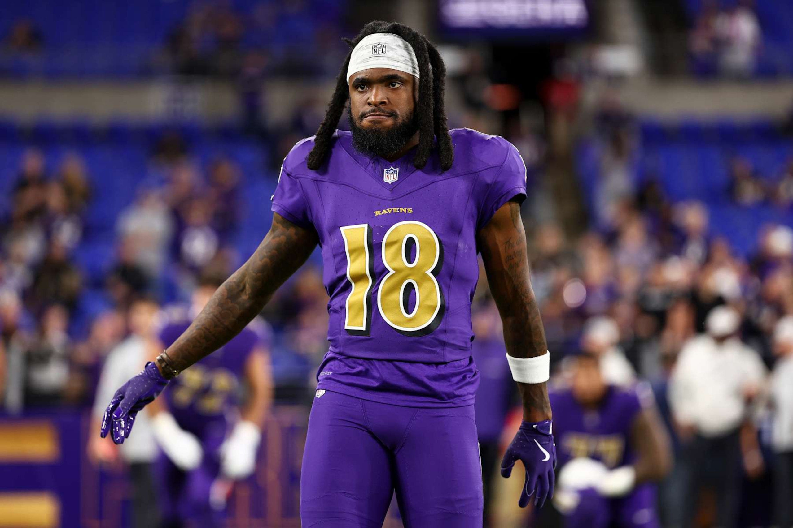 BALTIMORE, MARYLAND - NOVEMBER 7: Diontae Johnson #18 of the Baltimore Ravens warms up prior to an NFL football game against the Cincinnati Bengals at M&T Bank Stadium on November 7, 2024 in Baltimore, Maryland. (Photo by Kevin Sabitus/Getty Images)