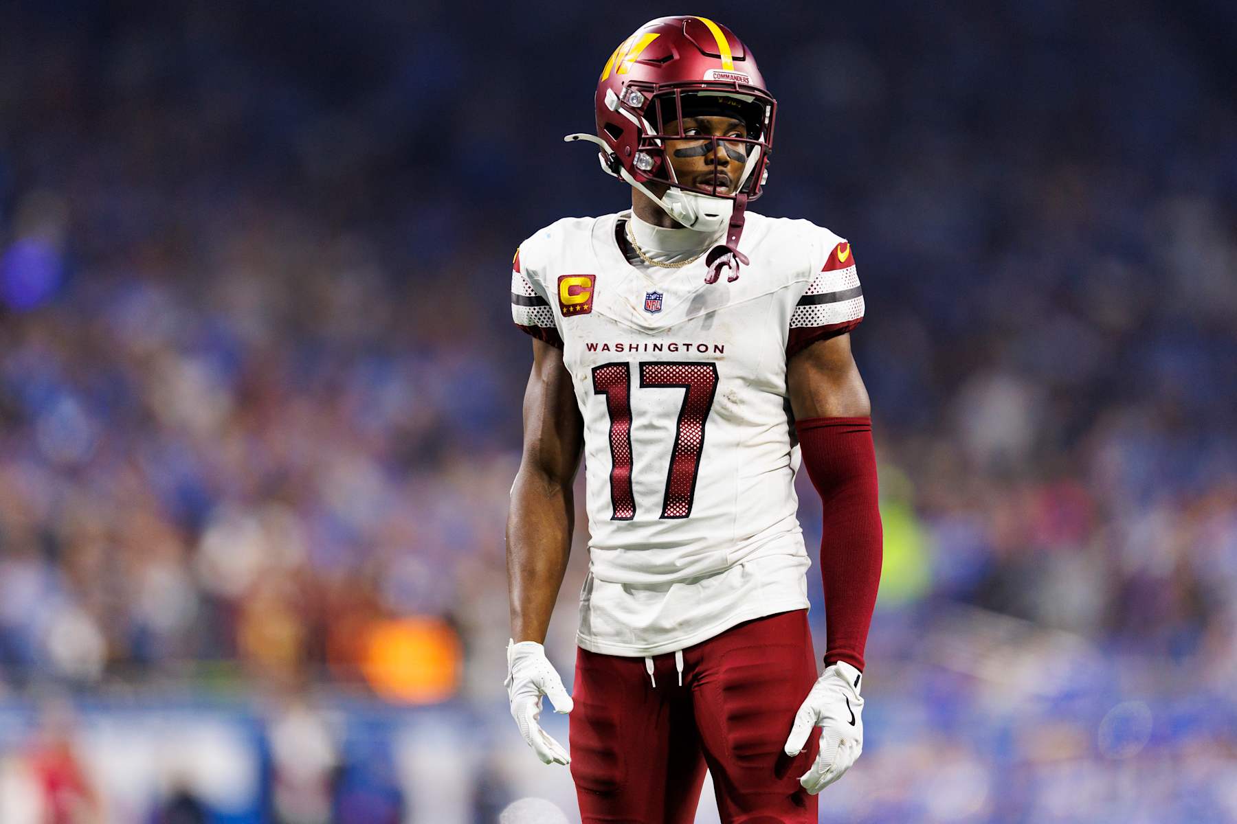 DETROIT, MICHIGAN - JANUARY 18: Wide receiver Terry McLaurin #17 of the Washington Commanders stands on the field during the second half of an NFL football divisional playoff game against the Detroit Lions, at Ford Field on January 18, 2025 in Detroit, Michigan. (Photo by Brooke Sutton/Getty Images)