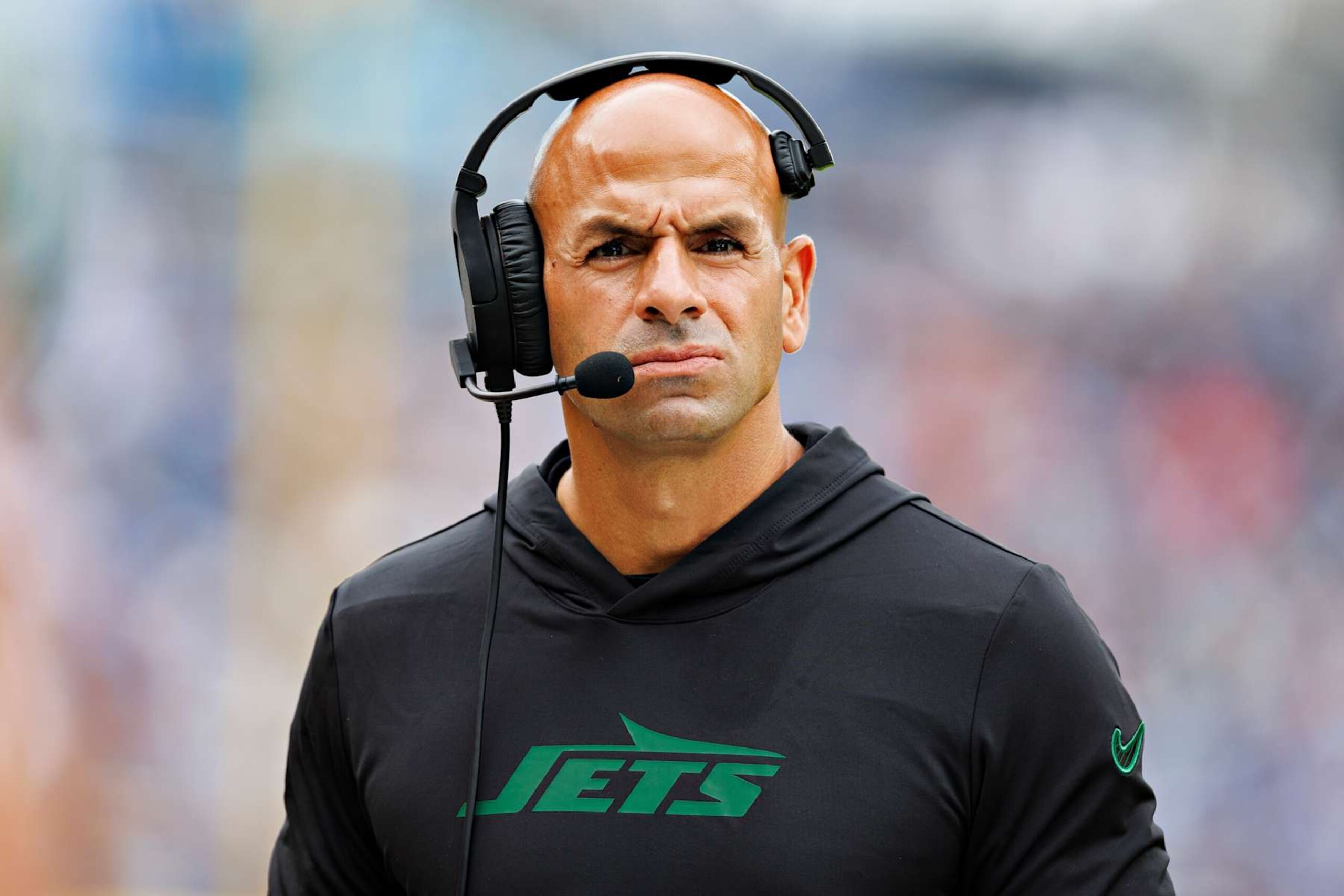 NASHVILLE, TENNESSEE - SEPTEMBER 15: Head Coach Robert Saleh of the New York Jets on the field during a game against the Tennessee Titans at Nissan Stadium on September 15, 2024 in Nashville, Tennessee. The Jets defeated the Titans 24-17. (Photo by Wesley Hitt/Getty Images) NASHVILLE, TENNESSEE - SEPTEMBER 15: Head Coach Robert Saleh of the New York Jets on the field during a game against the Tennessee Titans at Nissan Stadium on September 15, 2024 in Nashville, Tennessee. The Jets defeated the Titans 24-17. (Photo by Wesley Hitt/Getty Images)