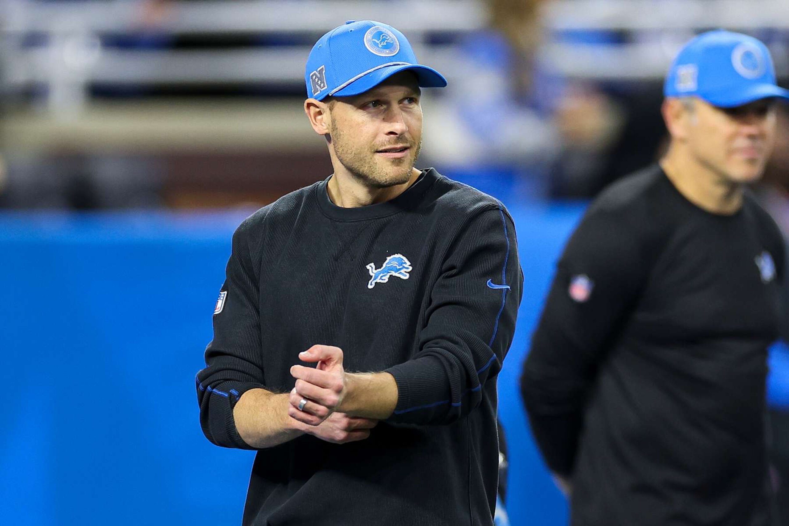 DETROIT, MICHIGAN - NOVEMBER 28: Offensive coordinator Ben Johnson of the Detroit Lions looks on before a game against the Chicago Bears at Ford Field on November 28, 2024 in Detroit, Michigan. (Photo by Mike Mulholland/Getty Images) DETROIT, MICHIGAN - NOVEMBER 28: Offensive coordinator Ben Johnson of the Detroit Lions looks on before a game against the Chicago Bears at Ford Field on November 28, 2024 in Detroit, Michigan. (Photo by Mike Mulholland/Getty Images)