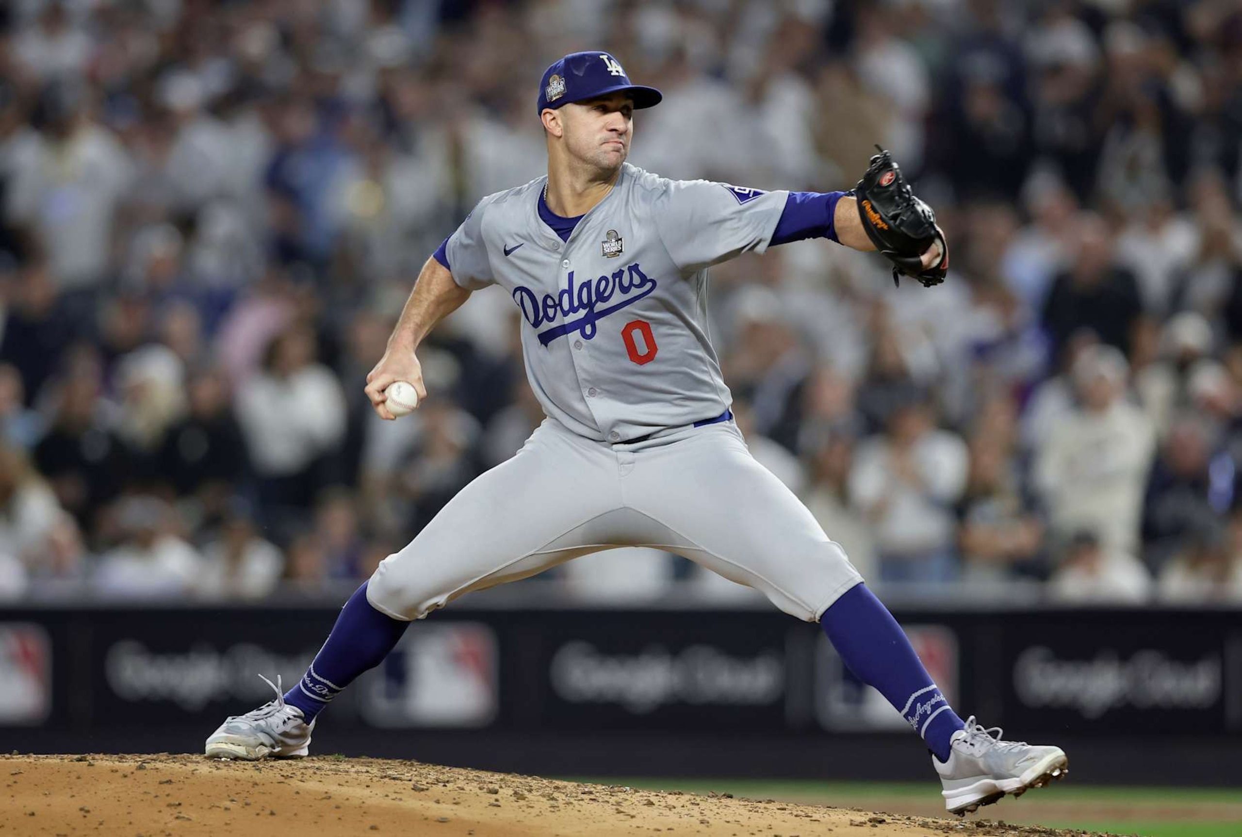 NEW YORK, NEW YORK - OCTOBER 30: (NEW YORK DAILIES OUT)  Jack Flaherty #0 of the Los Angeles Dodgers in action against the New York Yankees during Game Five of the 2024 World Series at Yankee Stadium on October 30, 2024 in New York City. The Dodgers defeated the Yankees 7-6. (Photo by Jim McIsaac/Getty Images)
