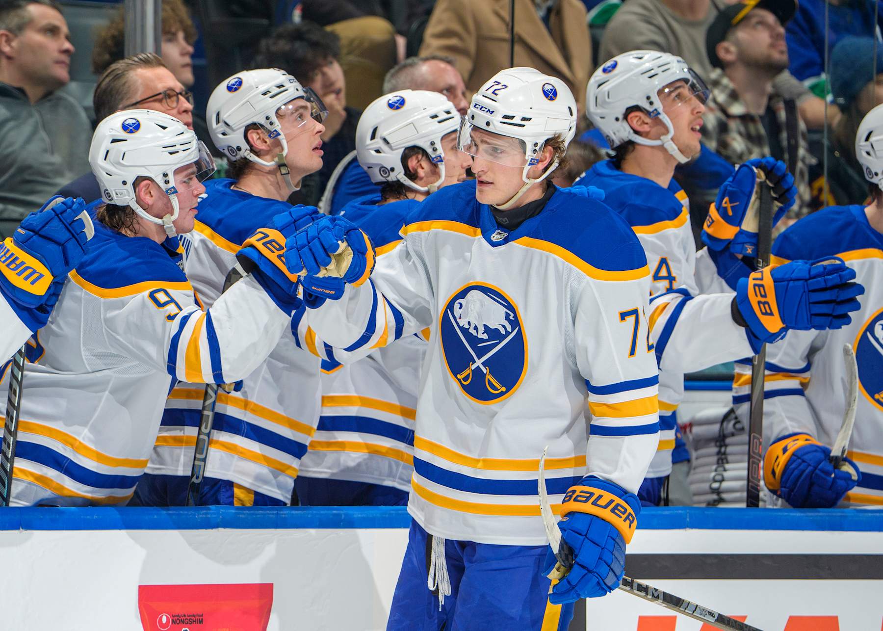 VANCOUVER, CANADA - JANUARY 21: Tage Thompson #72 of the Buffalo Sabres celebrates his goal with teammates during the first period of their NHL game against the Vancouver Canucks at Rogers Arena on January 21, 2025 in Vancouver, British Columbia, Canada.  (Photo by Jeff Vinnick/NHLI via Getty Images)