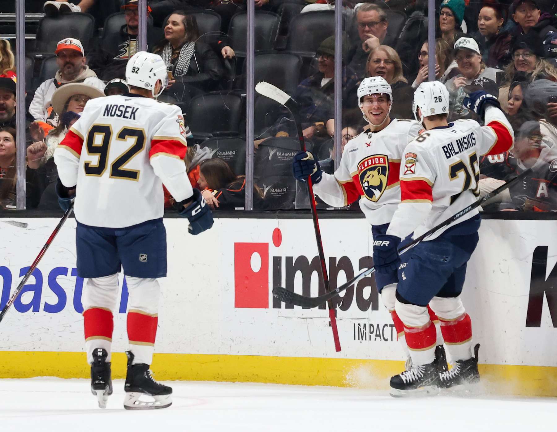 ANAHEIM, CA - JANUARY 21:  Alex Killorn #17 of the Anaheim Ducks celebrates his goal with teammates during the first period against the Anaheim Ducks at Honda Center on January 21, 2024 in Anaheim, California. (Photo by Debora Robinson/NHLI via Getty Images)