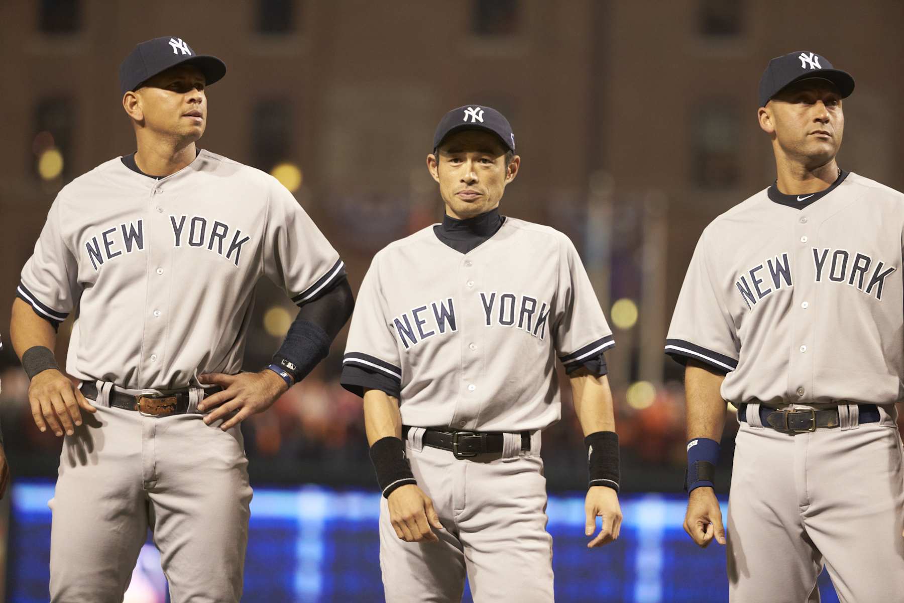 Baseball: ALDS Playoffs: New York Yankees (L-R) Alex Rodriguez (13), Ichiro Suzuki (31) and Derek Jeter (2) during game vs Baltimore Orioles at Camden Yards. Game 1.
Baltimore, MD 10/7/2012
CREDIT: Simon Bruty (Photo by Simon Bruty /Sports Illustrated via Getty Images)
(Set Number: X155594 TK1 R1 F14 ) Baseball: ALDS Playoffs: New York Yankees (L-R) Alex Rodriguez (13), Ichiro Suzuki (31) and Derek Jeter (2) during game vs Baltimore Orioles at Camden Yards. Game 1.
Baltimore, MD 10/7/2012
CREDIT: Simon Bruty (Photo by Simon Bruty /Sports Illustrated via Getty Images)
(Set Number: X155594 TK1 R1 F14 )