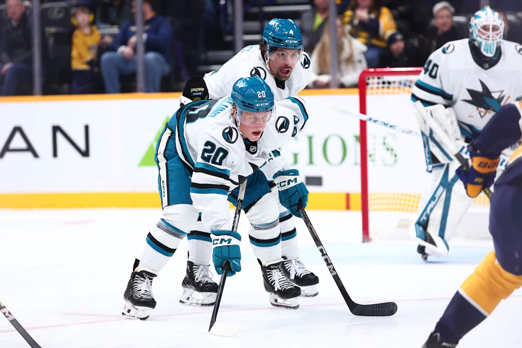 NASHVILLE, TENNESSEE - JANUARY 21:  Fabian Zetterlund of the San Jose Sharks and Cody Ceci of the San Jose Sharks look onto the face-off circle in the second period of the game agains the Nashville Predators on January 21, 2025 at Bridgestone Arena in Nashville. (Photo by Casey Gower/NHLI via Getty Images)