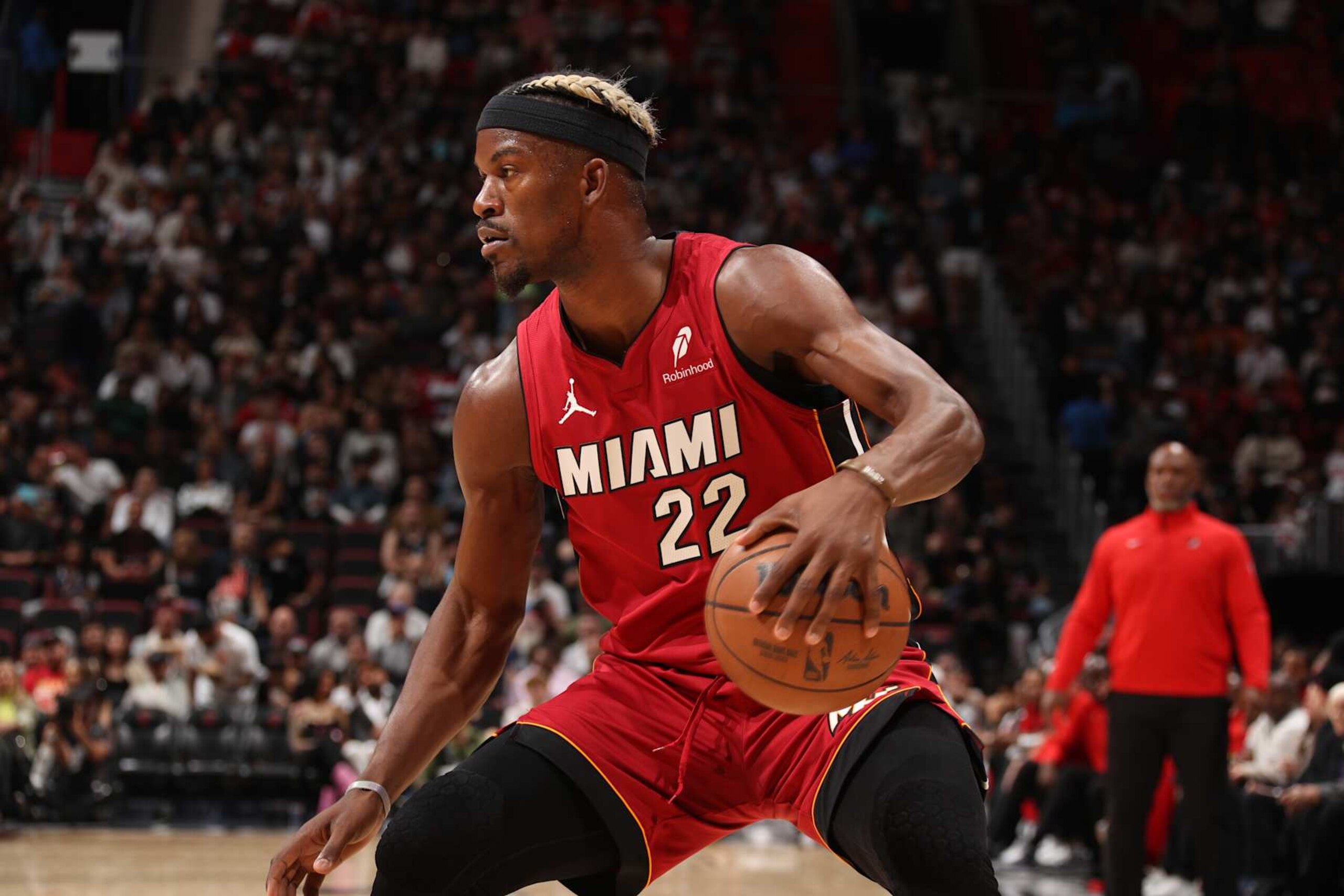 MIAMI, FL - JANUARY 21: Jimmy Butler #22 of the Miami Heat dribbles the ball during the game against the Portland Trail Blazers on January 21, 2025 at Kaseya Center in Miami, Florida. NOTE TO USER: User expressly acknowledges and agrees that, by downloading and or using this Photograph, user is consenting to the terms and conditions of the Getty Images License Agreement. Mandatory Copyright Notice: Copyright 2025 NBAE (Photo by Issac Baldizon/NBAE via Getty Images) MIAMI, FL - JANUARY 21: Jimmy Butler #22 of the Miami Heat dribbles the ball during the game against the Portland Trail Blazers on January 21, 2025 at Kaseya Center in Miami, Florida. NOTE TO USER: User expressly acknowledges and agrees that, by downloading and or using this Photograph, user is consenting to the terms and conditions of the Getty Images License Agreement. Mandatory Copyright Notice: Copyright 2025 NBAE (Photo by Issac Baldizon/NBAE via Getty Images)