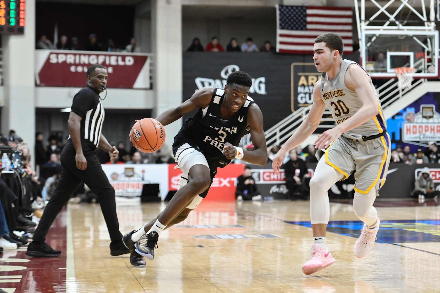 SPRINGFIELD, MA - JANUARY 19: AJ Dybantsa of Utah Prep (3) drives past Dante Allen of Montverde Academy (30) during the Spalding Hoophall Classic high school basketball game between Montverde Academy and Utah Prep on January 19, 2025 at Blake Arena in Springfield, MA(Photo by John Jones/Icon Sportswire via Getty Images)