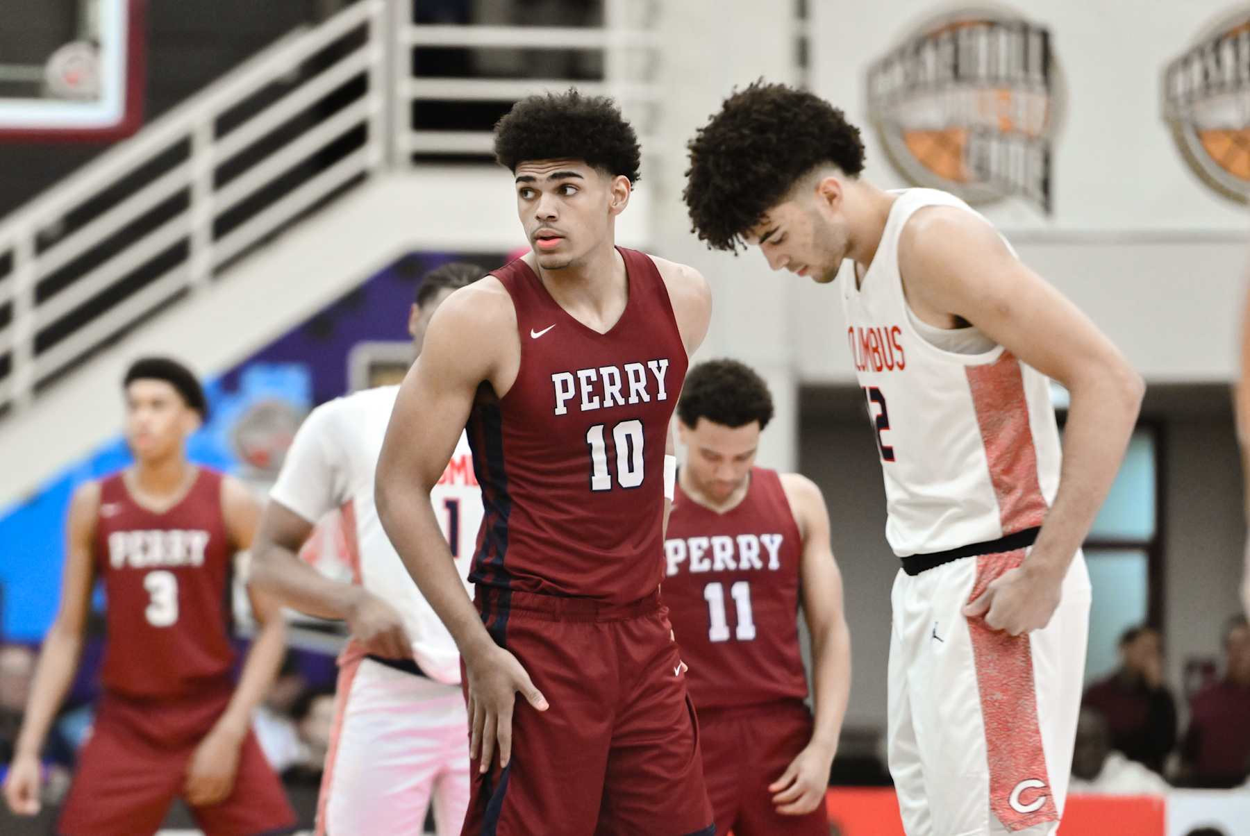 SPRINGFIELD, MA - JANUARY 20: Koa Peat of Perry (10) and Cameron Boozer of Christopher Columbus (12) prepare to jump ball before the Spalding Hoophall Classic high school basketball game between Columbus and Perry on January 20, 2025 at Blake Arena in Springfield, MA (Photo by John Jones/Icon Sportswire via Getty Images)