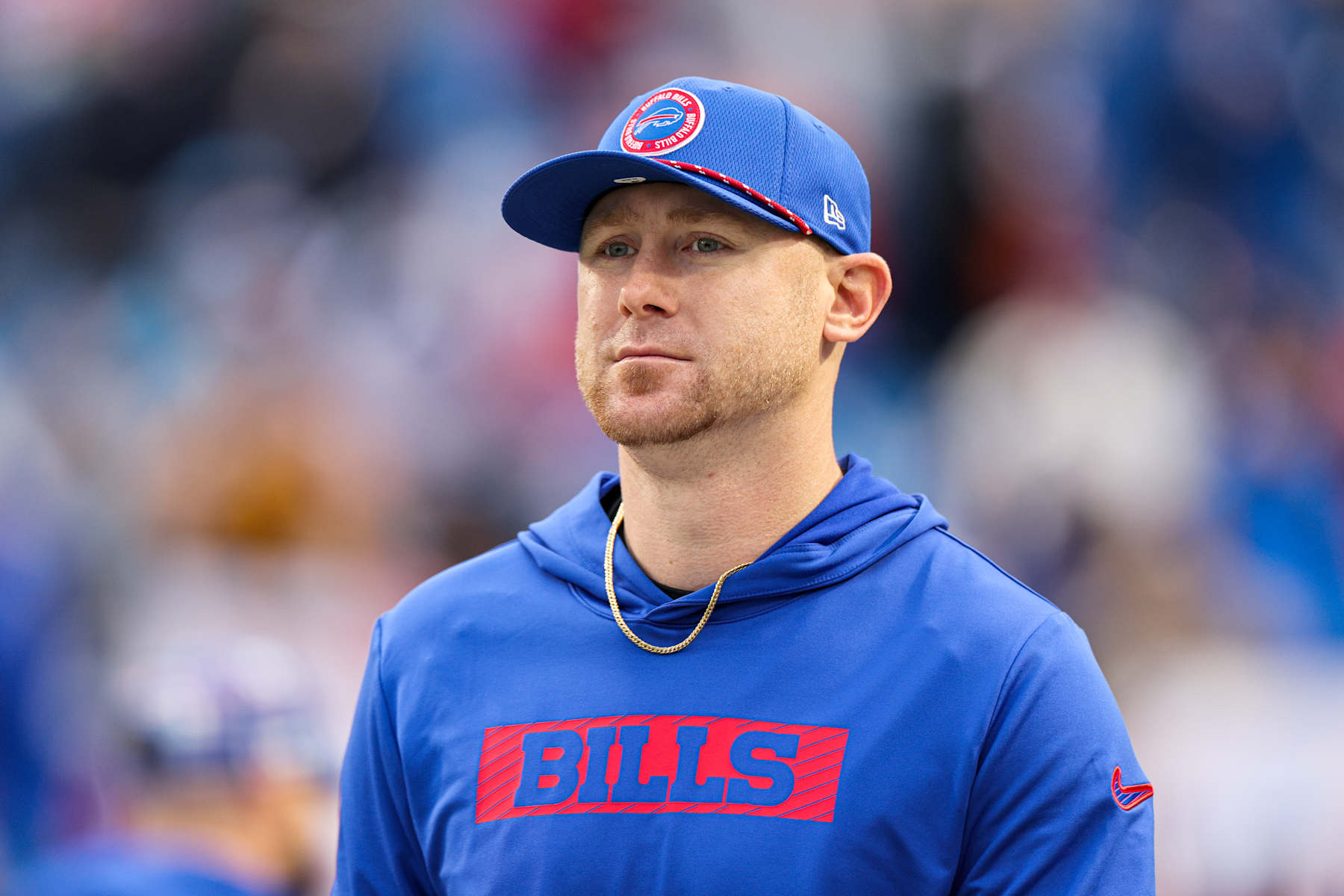 ORCHARD PARK, NEW YORK - DECEMBER 29: Offensive Coordinator Joe Brady of the Buffalo Bills looks on prior to a game against the New York Jets at Highmark Stadium on December 29, 2024 in Orchard Park, New York. (Photo by Bryan Bennett/Getty Images)