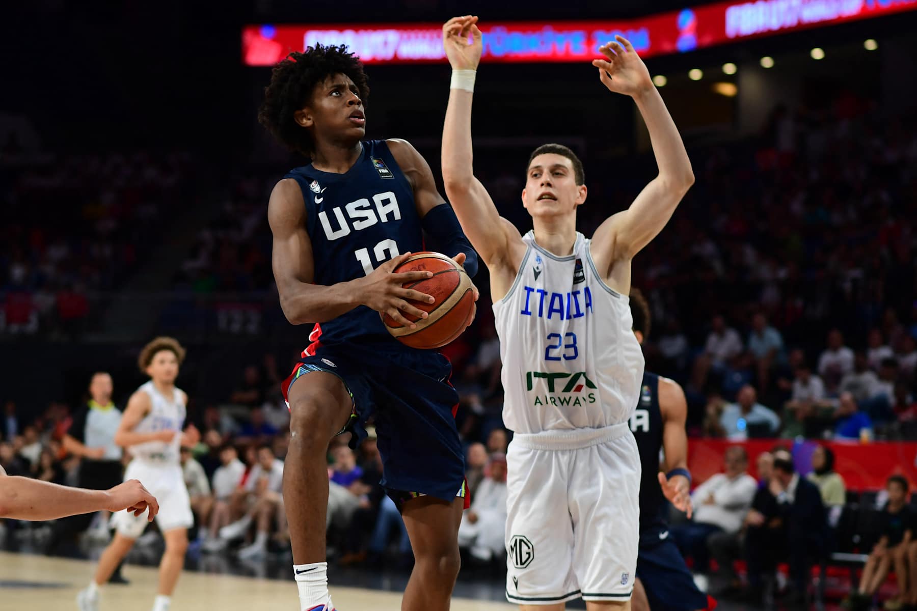 Brandon McCoy, #13 of the United States of America (USA) in action during the FIBA U17 Basketball World Cup - Turkiye 2024 Final match between Italy and the United States of America (USA) at Sinan Erdem Dome in Istanbul, Turkey on July 7, 2024. (Photo by Altan Gocher / Hans Lucas / Hans Lucas via AFP) (Photo by ALTAN GOCHER/Hans Lucas/AFP via Getty Images)