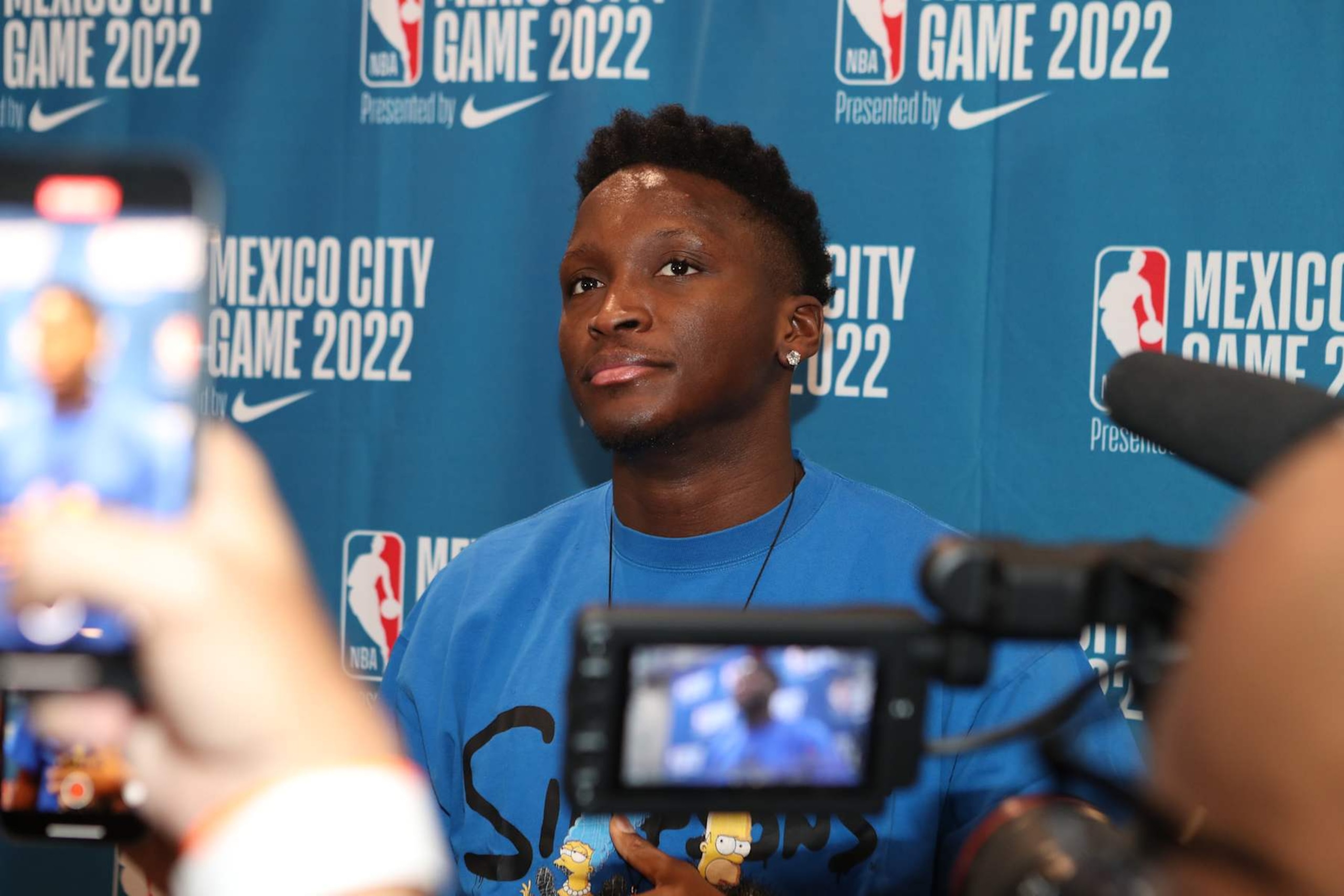 MEXICO CITY, MEXICO - DECEMBER 16: Victor Oladipo #4 of the Miami Heat speaks to the media during media availability as part of the NBA Mexico Games 2022 on December 16, 2022 in Mexico City, Mexico. NOTE TO USER: User expressly acknowledges and agrees that, by downloading and/or using this photograph, user is consenting to the terms and conditions of the Getty Images License Agreement.  Mandatory Copyright Notice: Copyright 2022 NBAE (Photo by Issac Baldizon/NBAE via Getty Images)