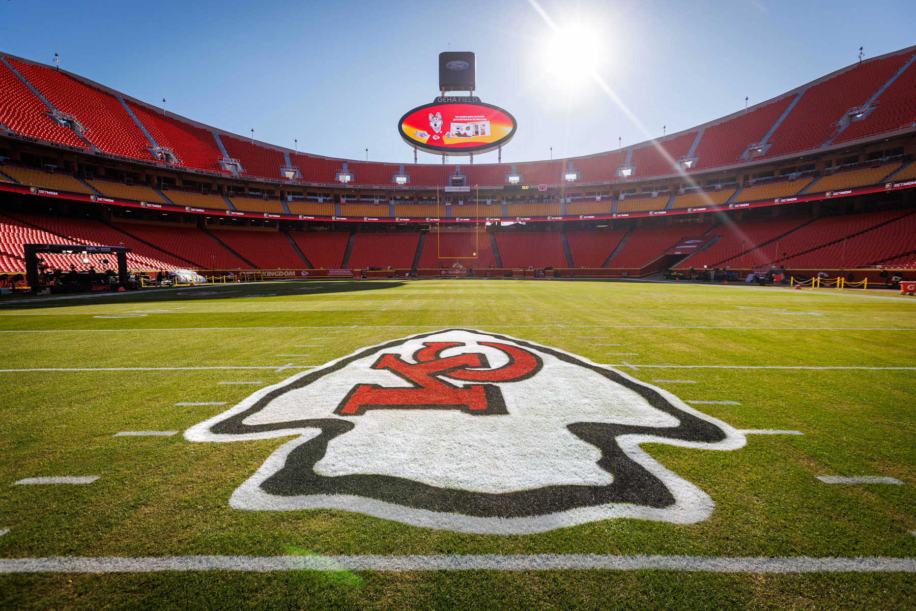 KANSAS CITY, MO - JANUARY 18: Center field logo prior to the game between the Kansas City Chiefs and the Houston Texans in the AFC Divisional Playoff on January 18, 2025, at GEHA Field at Arrowhead Stadium in Kansas City, MO. (Photo by William Purnell/Icon Sportswire via Getty Images)
