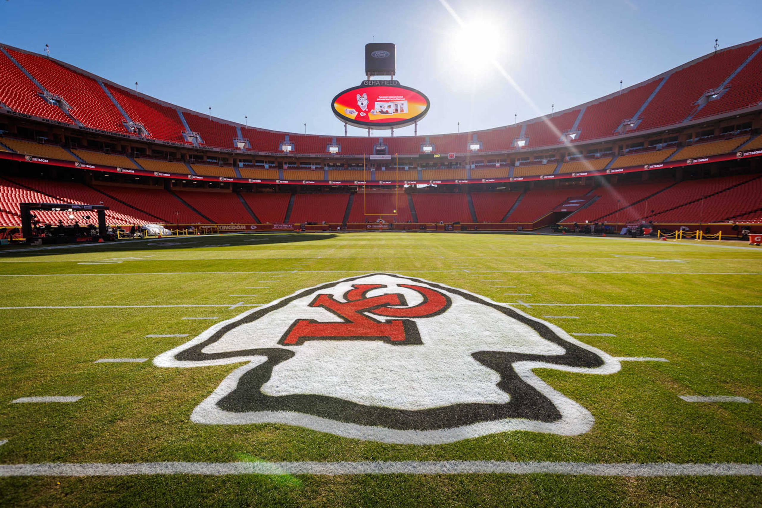 KANSAS CITY, MO - JANUARY 18: Center field logo prior to the game between the Kansas City Chiefs and the Houston Texans in the AFC Divisional Playoff on January 18, 2025, at GEHA Field at Arrowhead Stadium in Kansas City, MO. (Photo by William Purnell/Icon Sportswire via Getty Images) KANSAS CITY, MO - JANUARY 18: Center field logo prior to the game between the Kansas City Chiefs and the Houston Texans in the AFC Divisional Playoff on January 18, 2025, at GEHA Field at Arrowhead Stadium in Kansas City, MO. (Photo by William Purnell/Icon Sportswire via Getty Images)