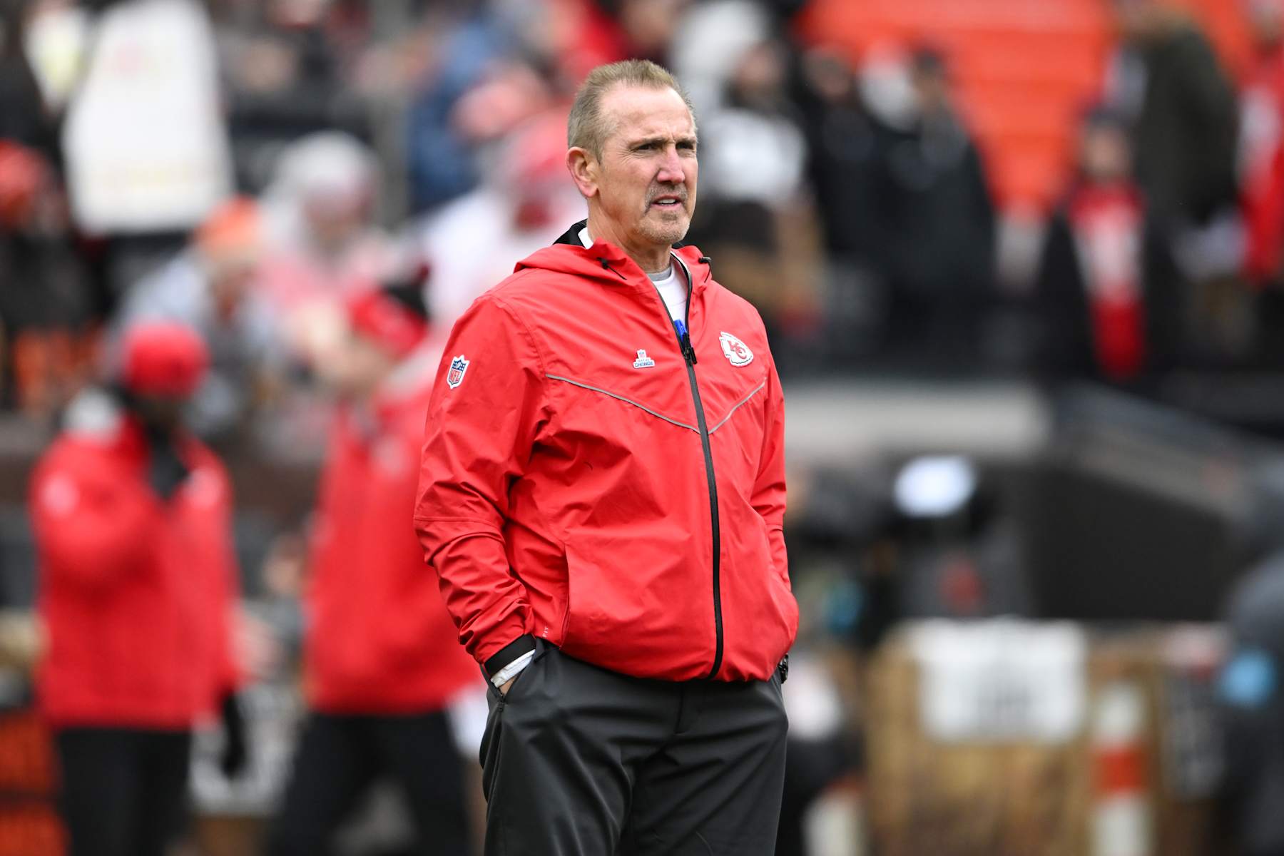 CLEVELAND, OHIO - DECEMBER 15: Defensive coordinator Steve Spagnuolo of the Kansas City Chiefs looks on prior to a game against the Cleveland Browns at Huntington Bank Field on December 15, 2024 in Cleveland, Ohio. (Photo by Nick Cammett/Diamond Images via Getty Images)