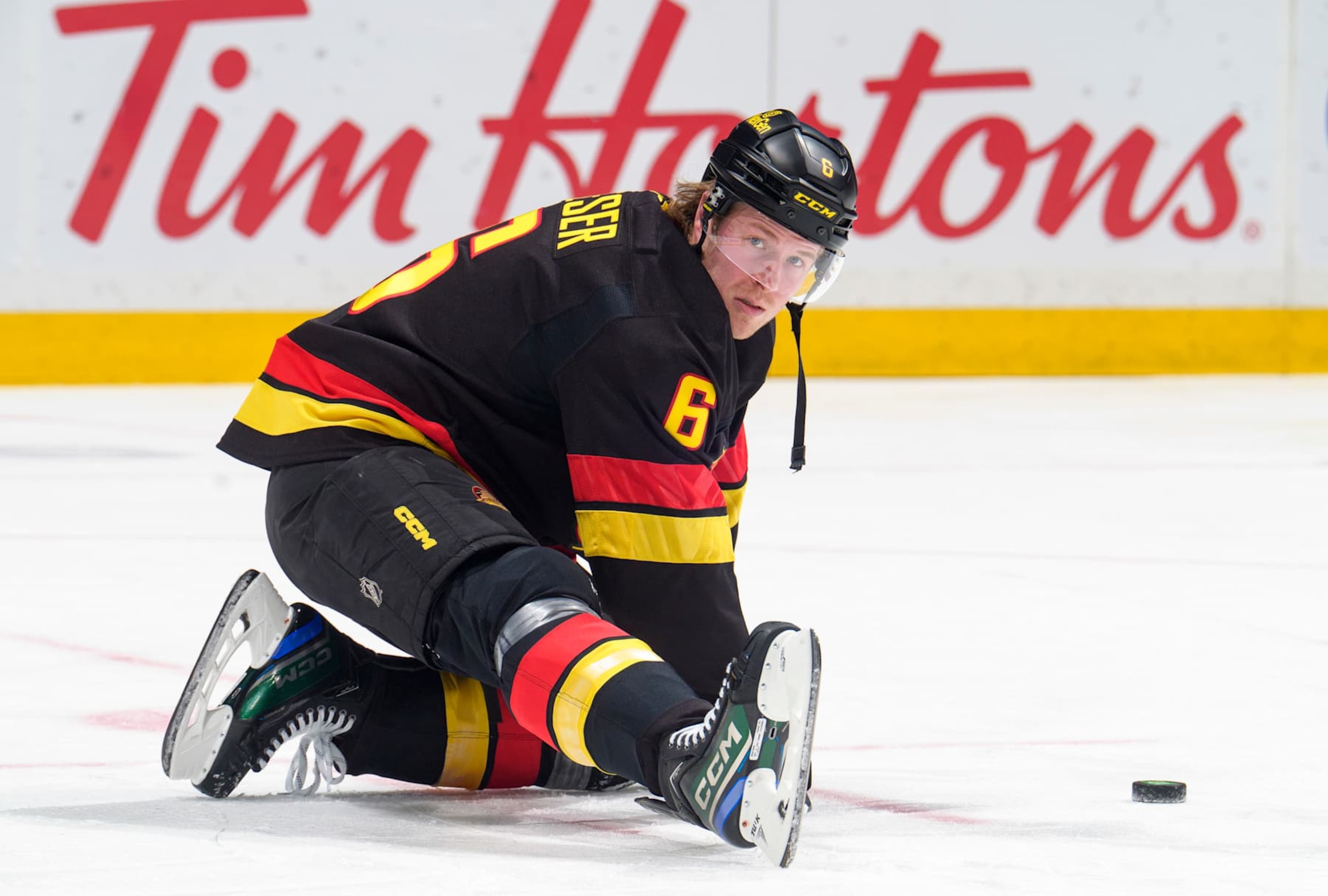 VANCOUVER, CANADA - JANUARY 21: Brock Boeser #6 of the Vancouver Canucks during warmup before their NHL game against the Buffalo Sabres at Rogers Arena on January 21, 2025 in Vancouver, British Columbia, Canada. (Photo by Jeff Vinnick/NHLI via Getty Images) VANCOUVER, CANADA - JANUARY 21: Brock Boeser #6 of the Vancouver Canucks during warmup before their NHL game against the Buffalo Sabres at Rogers Arena on January 21, 2025 in Vancouver, British Columbia, Canada. (Photo by Jeff Vinnick/NHLI via Getty Images)