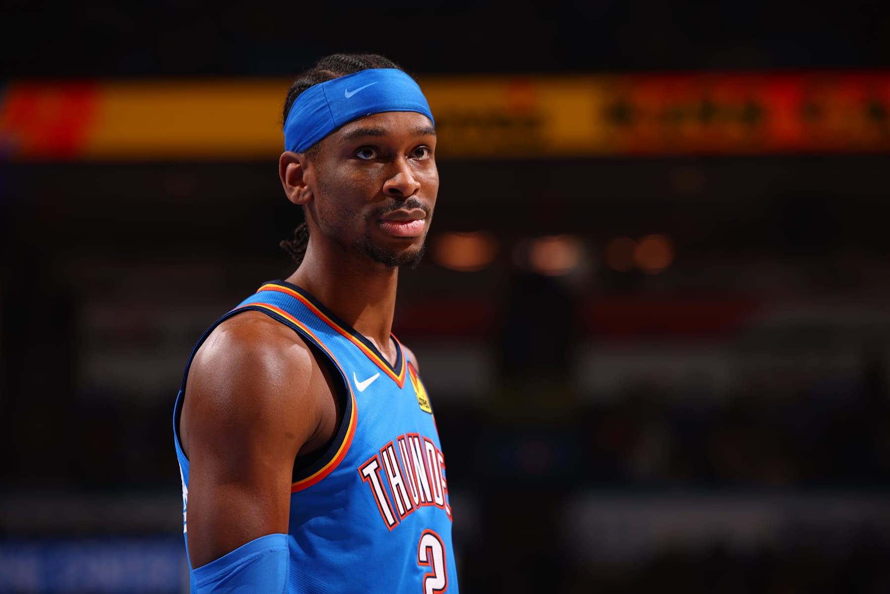 OKLAHOMA CITY, OK - JANUARY 22: Shai Gilgeous-Alexander #2 of the Oklahoma City Thunder looks on during the game against the Utah Jazz on January 22, 2025 at Paycom Center in Oklahoma City, Oklahoma. NOTE TO USER: User expressly acknowledges and agrees that, by downloading and or using this photograph, User is consenting to the terms and conditions of the Getty Images License Agreement. Mandatory Copyright Notice: Copyright 2025 NBAE (Photo by Zach Beeker/NBAE via Getty Images)