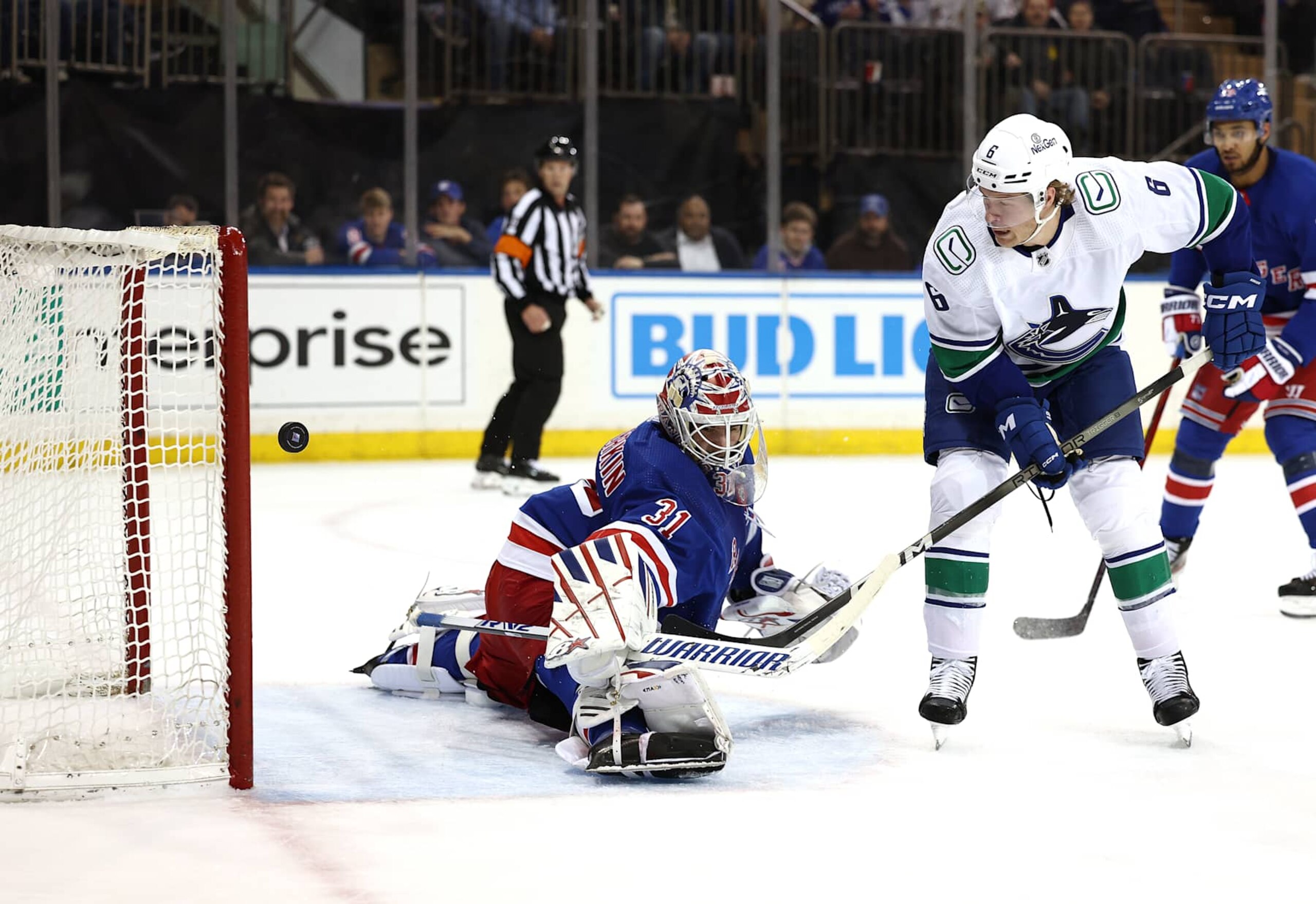 NEW YORK, NEW YORK - JANUARY 08: Brock Boeser #6 of the Vancouver Canucks gets the puck past Igor Shesterkin #31 of the New York Rangers to score a goal during the first period at Madison Square Garden on January 08, 2024 in New York City. (Photo by Elsa/Getty Images) NEW YORK, NEW YORK - JANUARY 08: Brock Boeser #6 of the Vancouver Canucks gets the puck past Igor Shesterkin #31 of the New York Rangers to score a goal during the first period at Madison Square Garden on January 08, 2024 in New York City. (Photo by Elsa/Getty Images)
