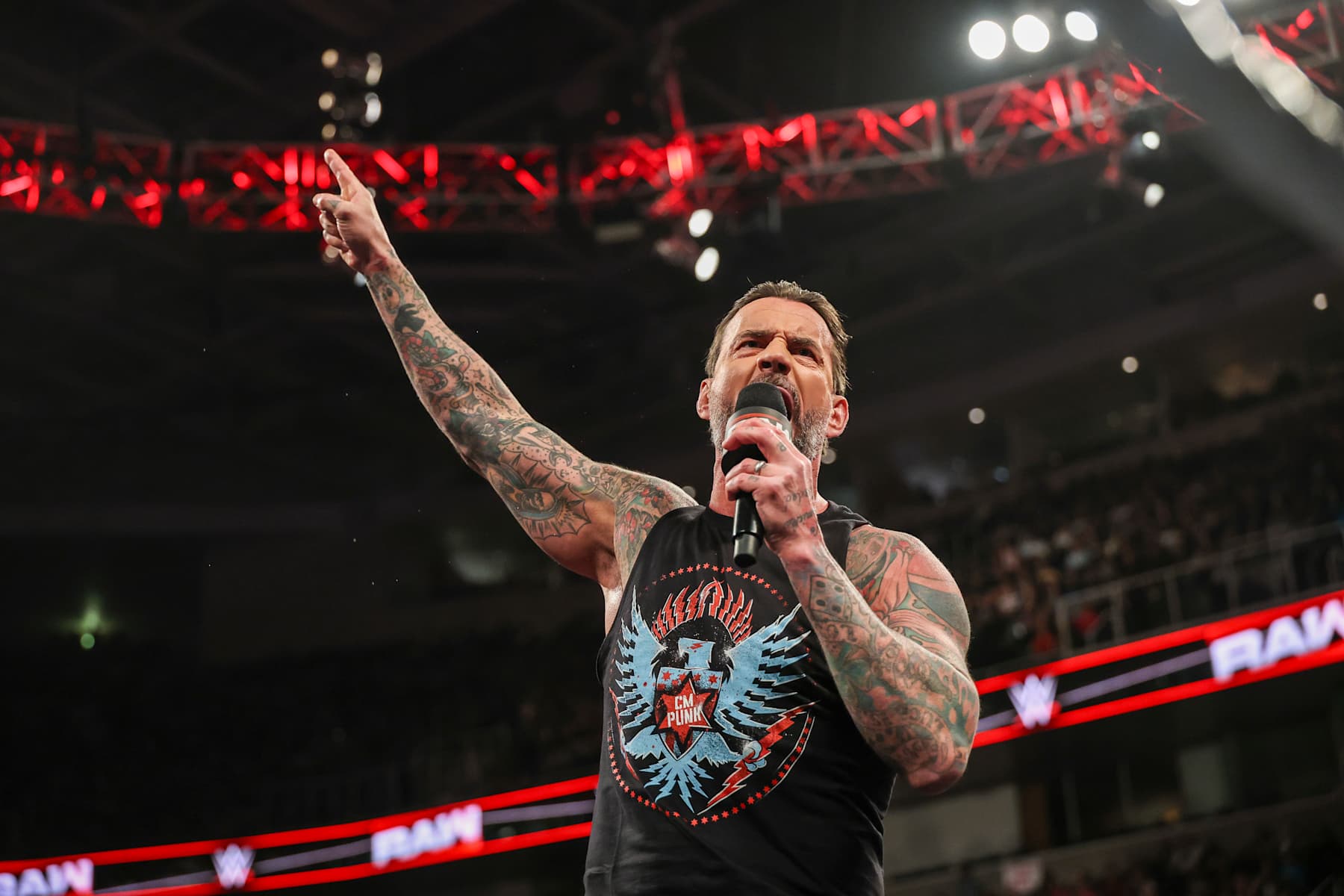 SAN JOSE, CALIFORNIA - JANUARY 13: CM Punk's promo during Monday Night Raw at SAP Center on January 13, 2025 in San Jose, California. (Photo by WWE/Getty Images) SAN JOSE, CALIFORNIA - JANUARY 13: CM Punk's promo during Monday Night Raw at SAP Center on January 13, 2025 in San Jose, California. (Photo by WWE/Getty Images)