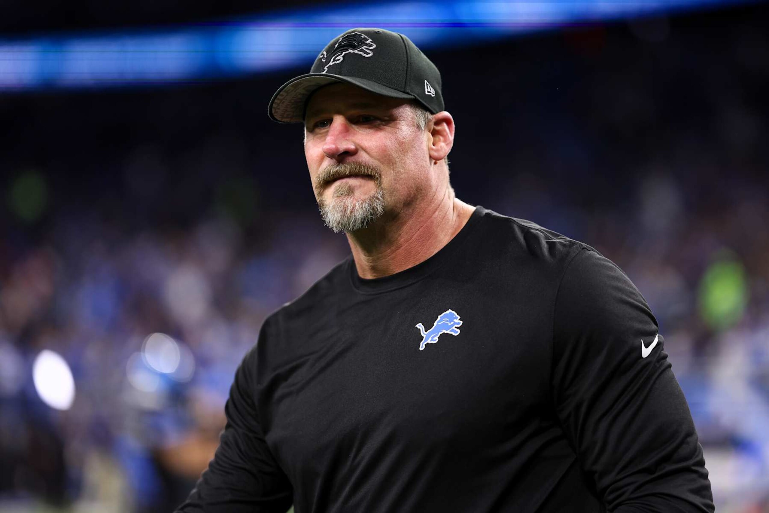 DETROIT, MICHIGAN - JANUARY 5: Head coach Dan Campbell of the Detroit Lions smiles prior to an NFL football game against the Minnesota Vikings at Ford Field on January 5, 2025 in Detroit, Michigan. (Photo by Kevin Sabitus/Getty Images) DETROIT, MICHIGAN - JANUARY 5: Head coach Dan Campbell of the Detroit Lions smiles prior to an NFL football game against the Minnesota Vikings at Ford Field on January 5, 2025 in Detroit, Michigan. (Photo by Kevin Sabitus/Getty Images)
