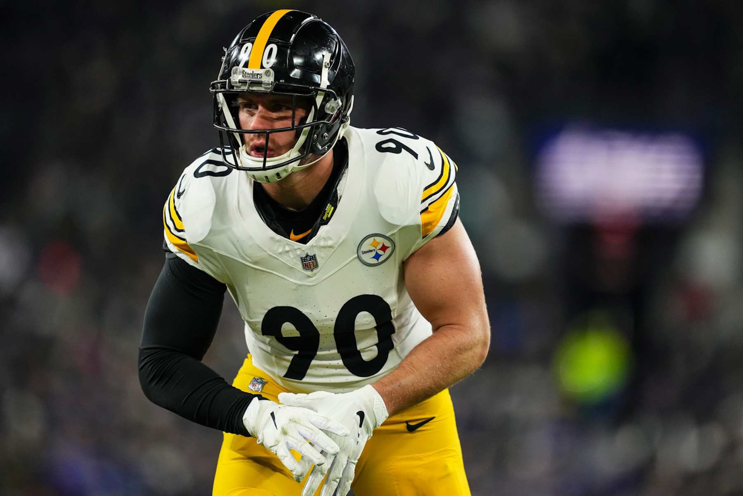 BALTIMORE, MD - JANUARY 11: T.J. Watt #90 of the Pittsburgh Steelers lines up before the snap during an NFL football wild card playoff game against the Baltimore Ravens at M&T Bank Stadium on January 11, 2025 in Baltimore, Maryland. (Photo by Cooper Neill/Getty Images)