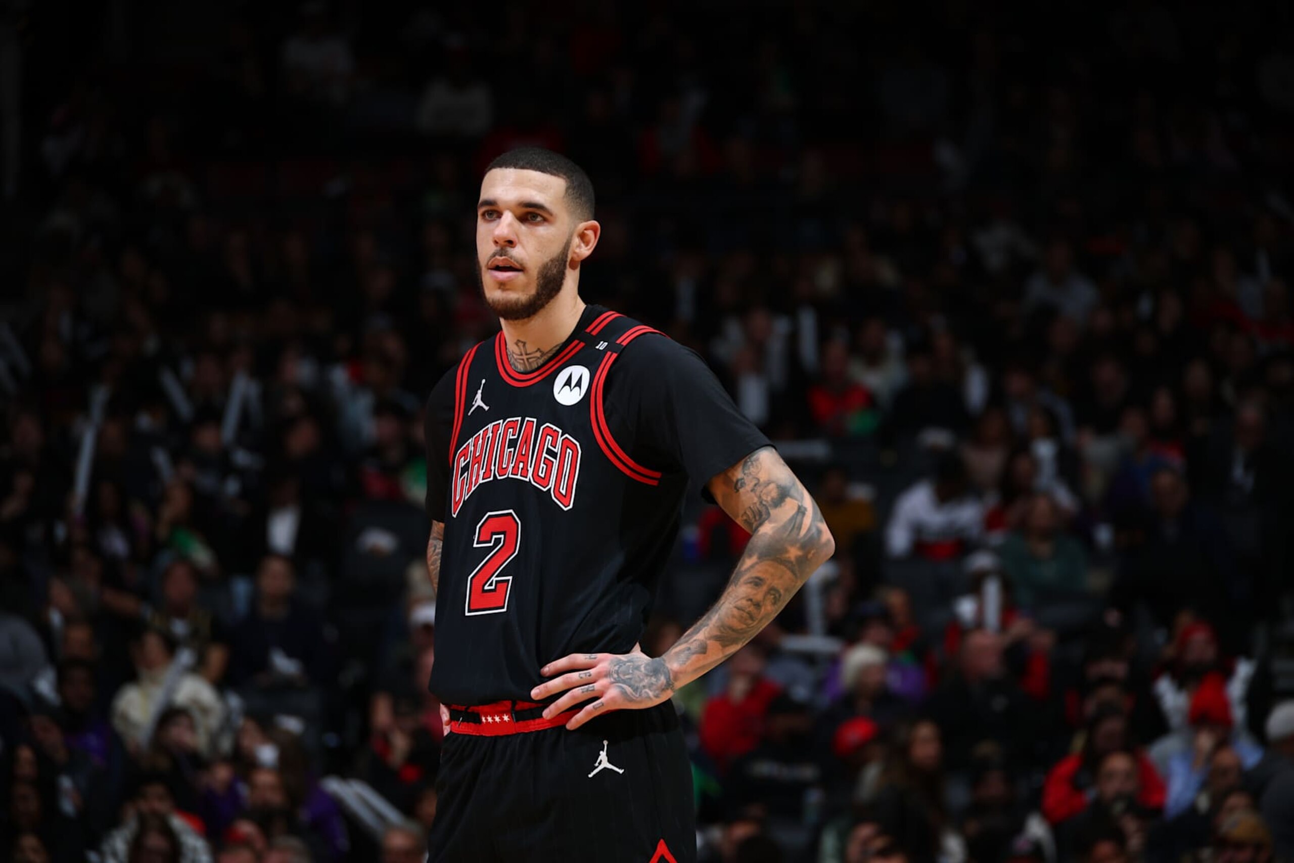 TORONTO, CANADA - DECEMBER 16: Lonzo Ball #2 of the Chicago Bulls looks on during the game against the Toronto Raptors on December 16, 2024 at the Scotiabank Arena in Toronto, Ontario, Canada. NOTE TO USER: User expressly acknowledges and agrees that, by downloading and or using this Photograph, user is consenting to the terms and conditions of the Getty Images License Agreement. Mandatory Copyright Notice: Copyright 2024 NBAE (Photo by Vaughn Ridley/NBAE via Getty Images) TORONTO, CANADA - DECEMBER 16: Lonzo Ball #2 of the Chicago Bulls looks on during the game against the Toronto Raptors on December 16, 2024 at the Scotiabank Arena in Toronto, Ontario, Canada. NOTE TO USER: User expressly acknowledges and agrees that, by downloading and or using this Photograph, user is consenting to the terms and conditions of the Getty Images License Agreement. Mandatory Copyright Notice: Copyright 2024 NBAE (Photo by Vaughn Ridley/NBAE via Getty Images)