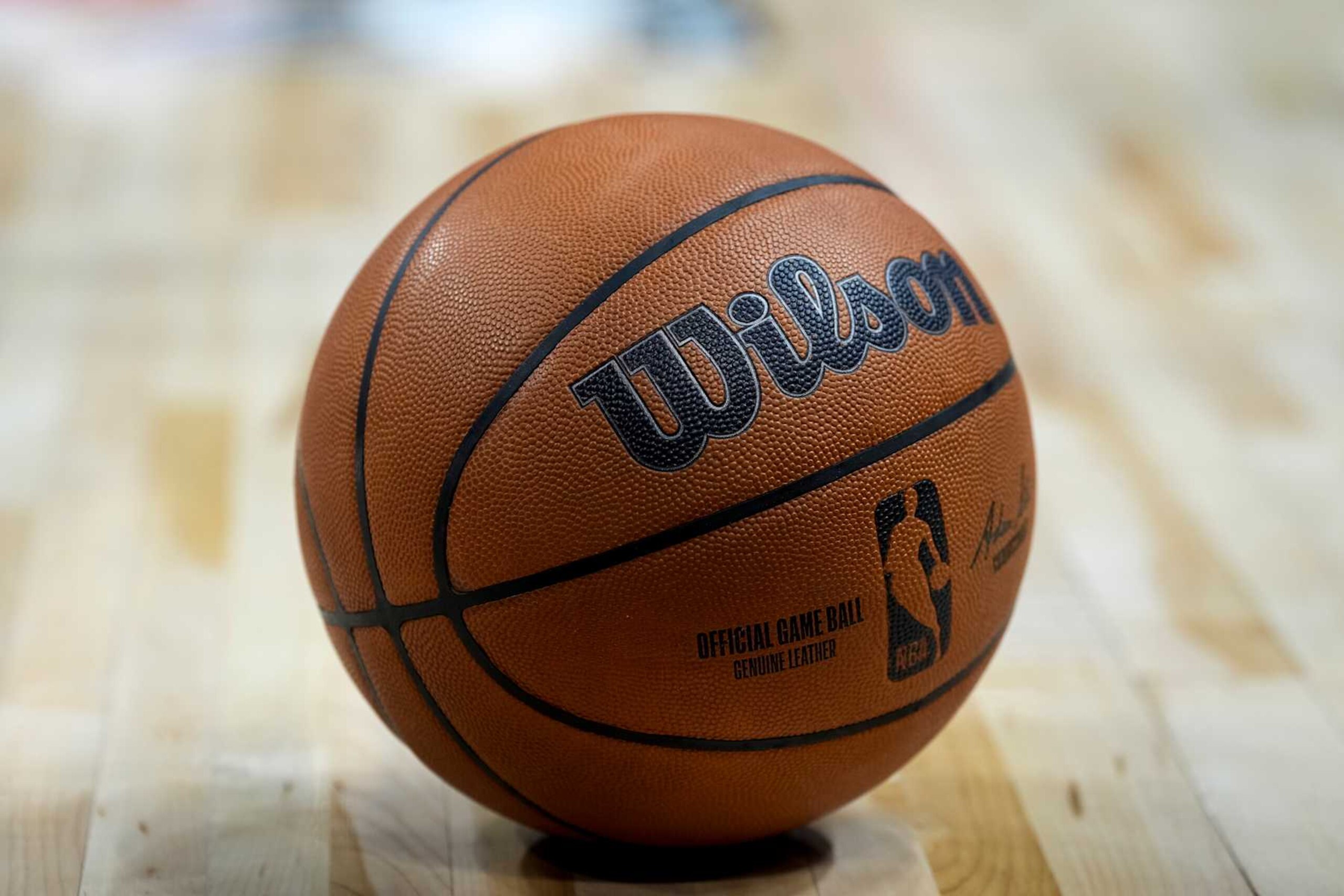 DETROIT, MICHIGAN - JANUARY 09: A detailed view of a Wilson brand official game ball with the NBA logo on the basketball court during the game between the Detroit Pistons and Golden State Warriors at Little Caesars Arena on January 09, 2025 in Detroit, Michigan. NOTE TO USER: User expressly acknowledges and agrees that, by downloading and or using this photograph, User is consenting to the terms and conditions of the Getty Images License Agreement. (Photo by Nic Antaya/Getty Images)